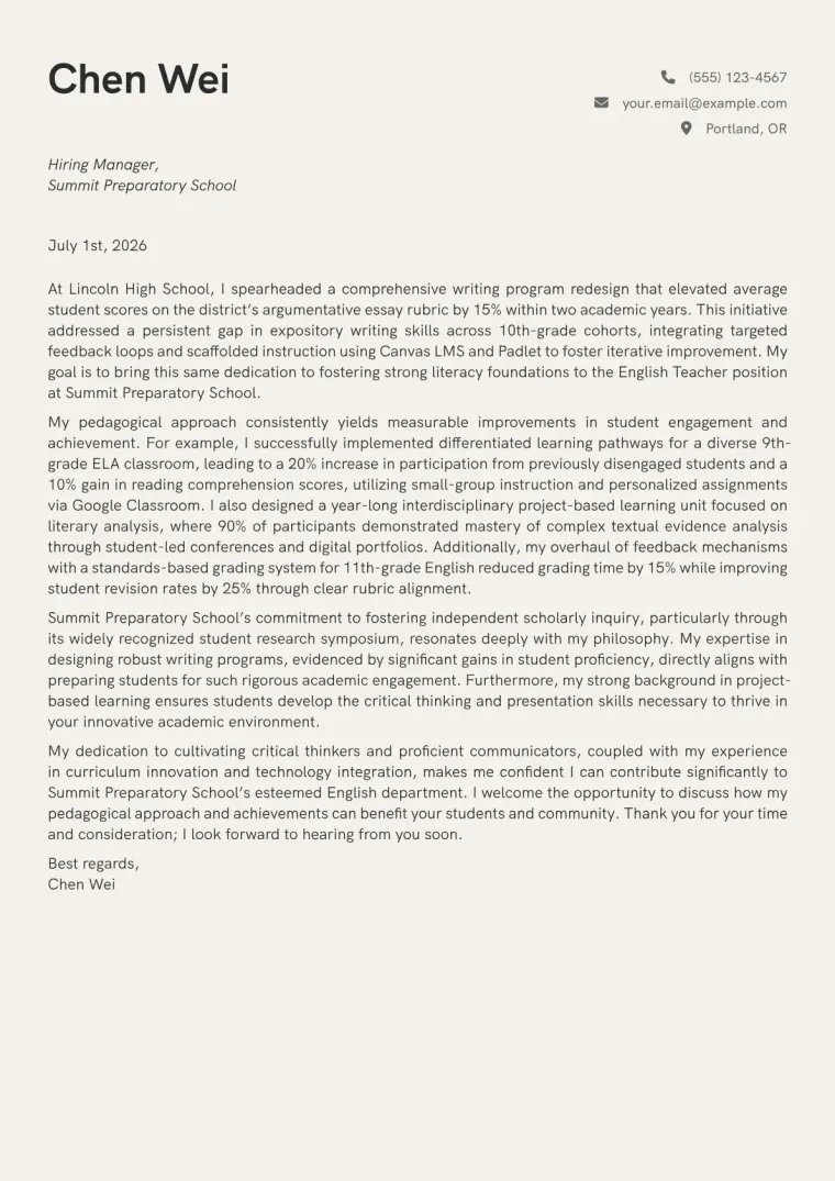 English Teacher Cover Letter Example