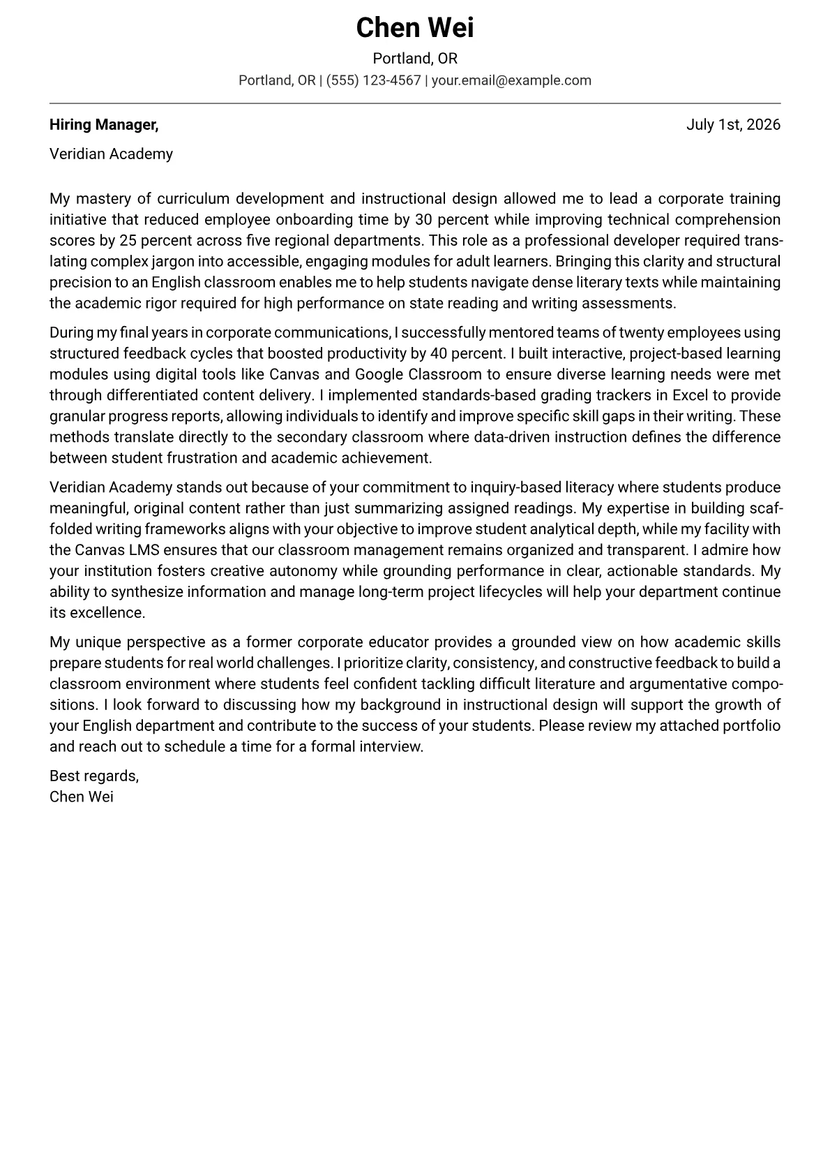 English Teacher cover letter in the Modern design