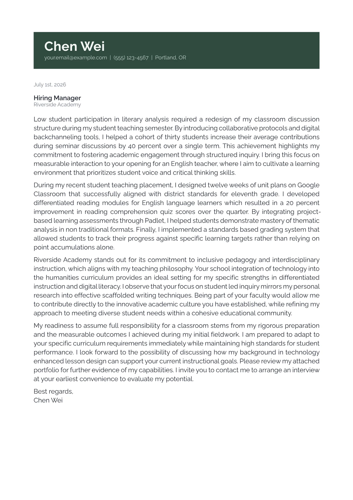 English Teacher cover letter in the Banner design