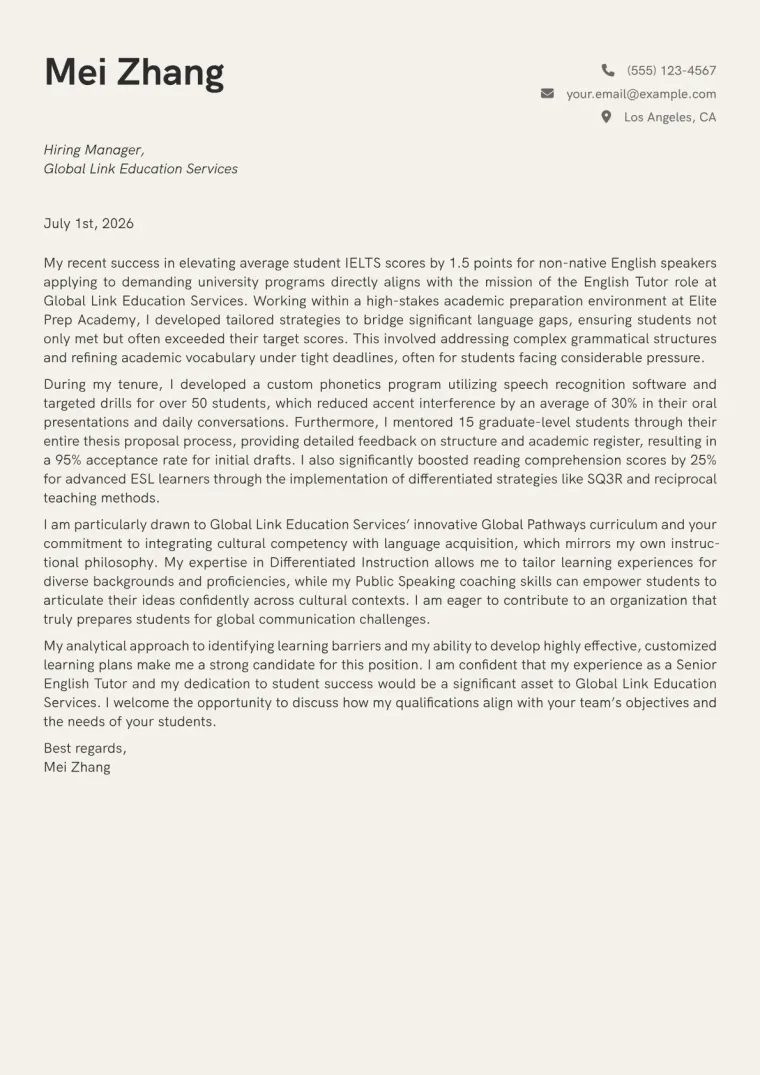 English Tutor Cover Letter Example