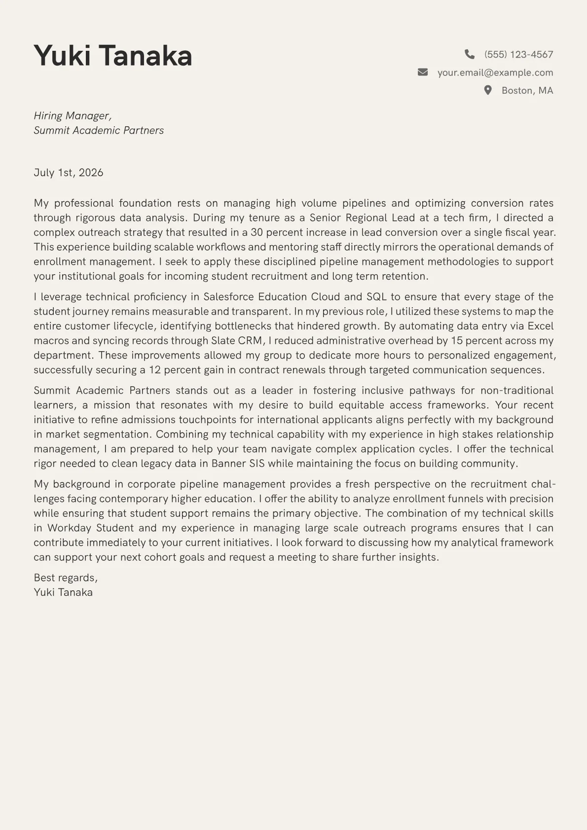 Enrollment Manager cover letter in the Creative design