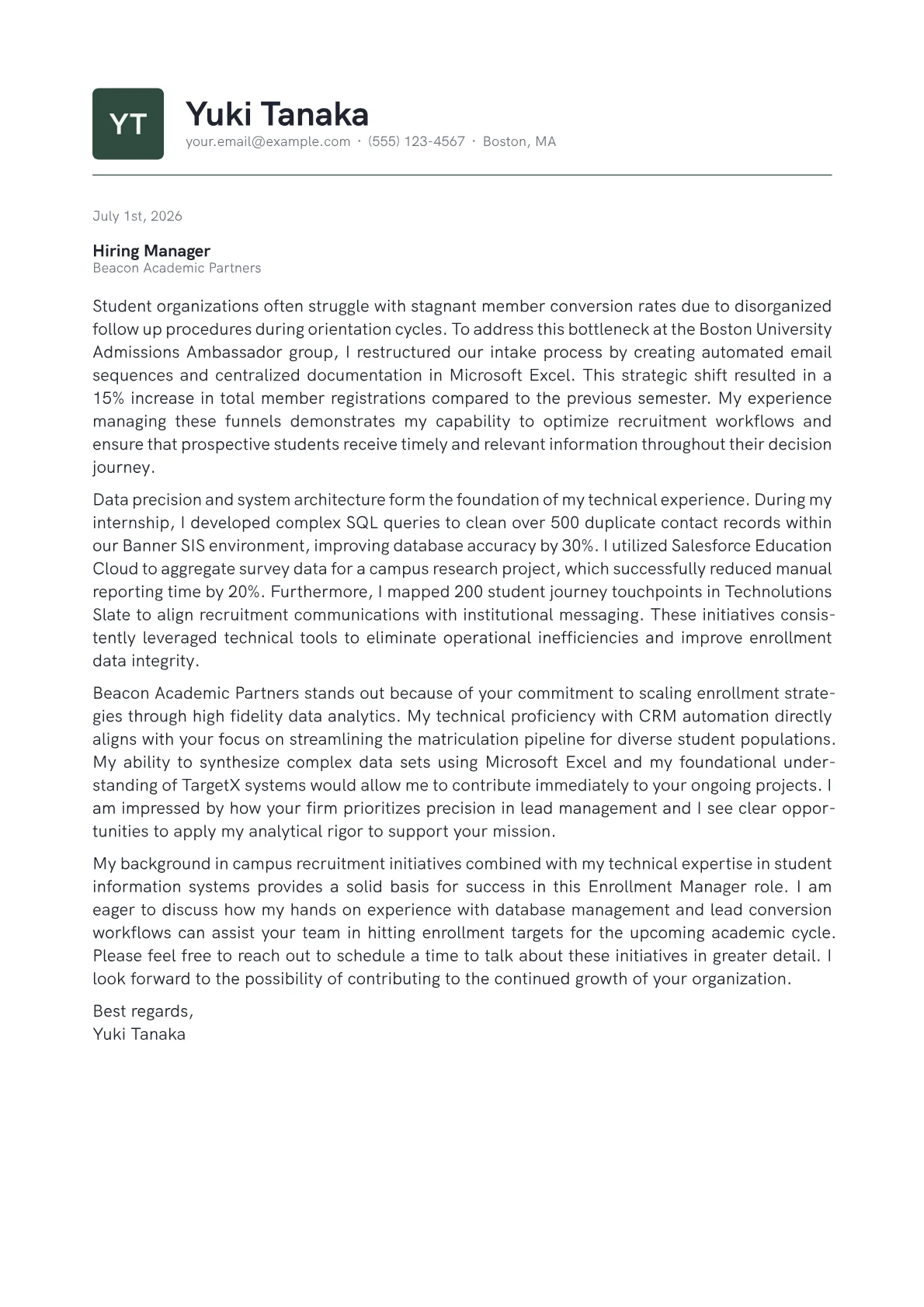 Enrollment Manager cover letter in the Emblem design