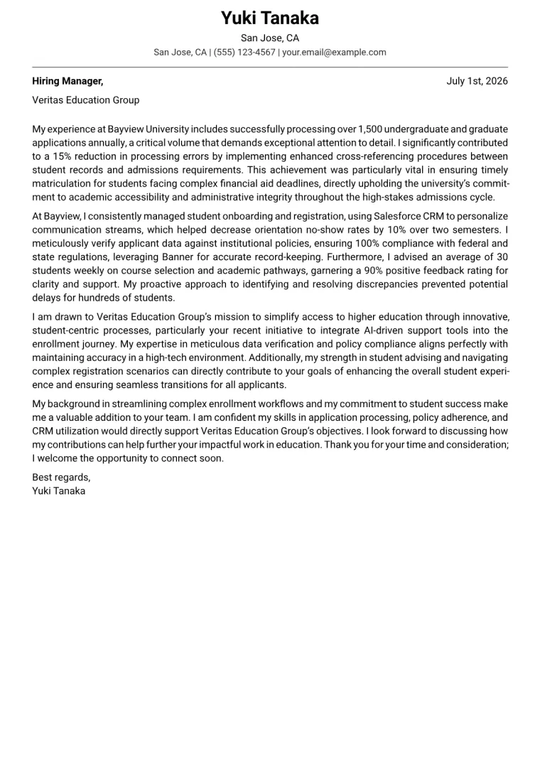 Enrollment Specialist cover letter example preview