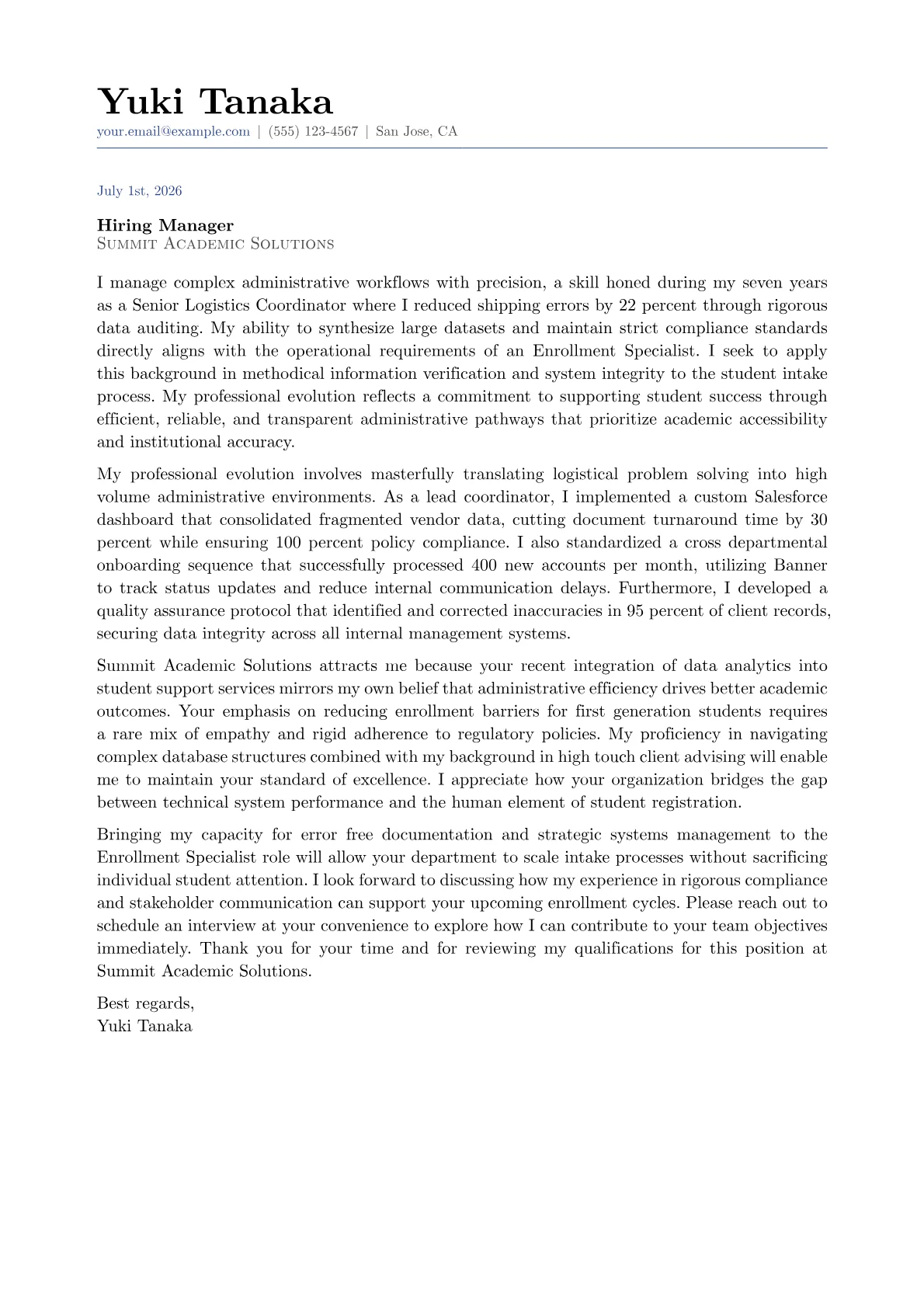 Enrollment Specialist cover letter in the Classic design