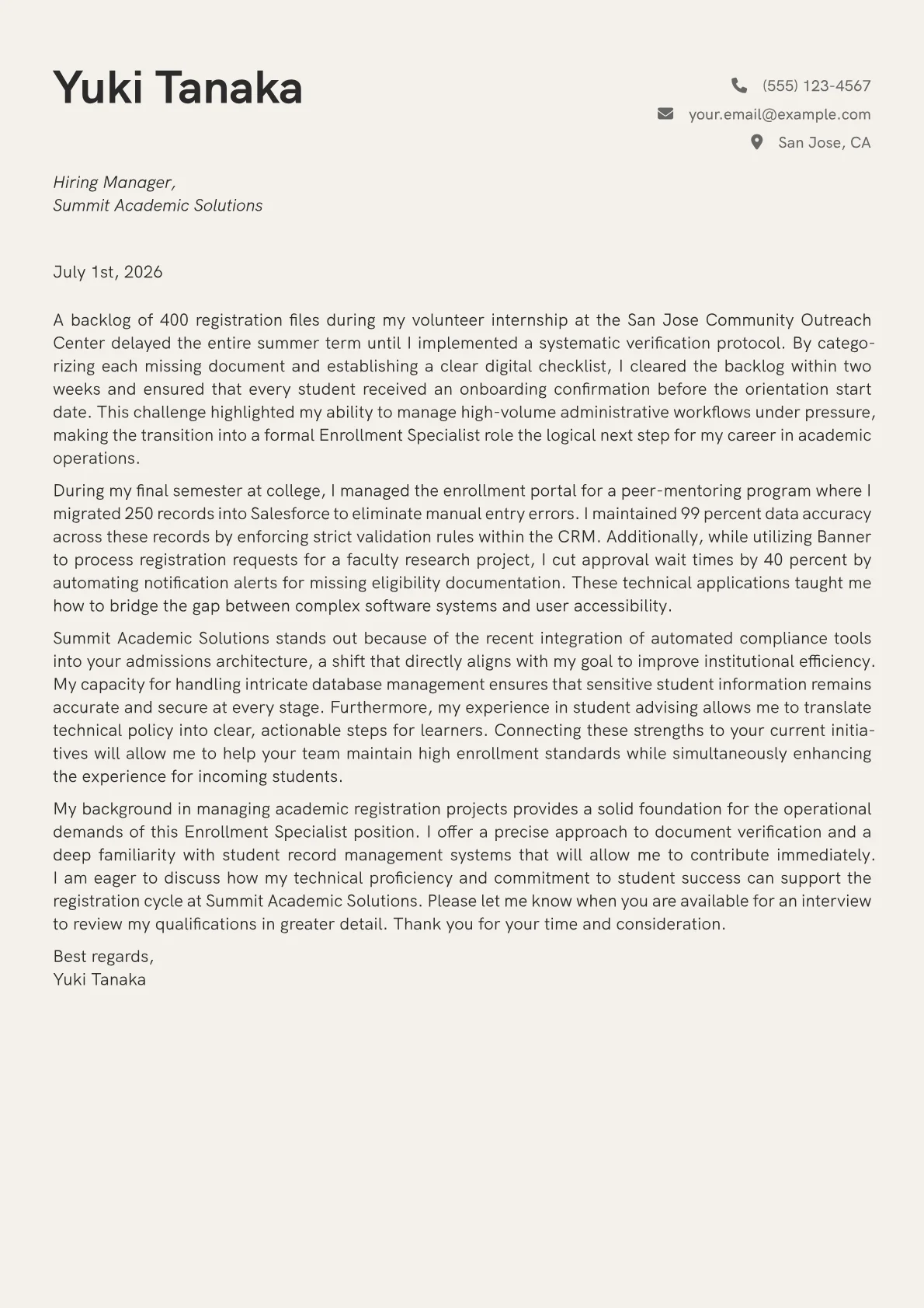 Enrollment Specialist cover letter in the Creative design