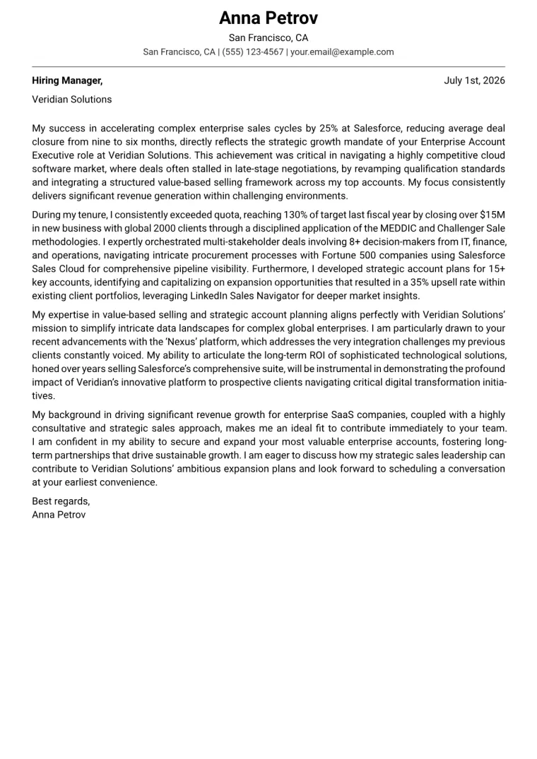 Enterprise Account Executive cover letter example preview