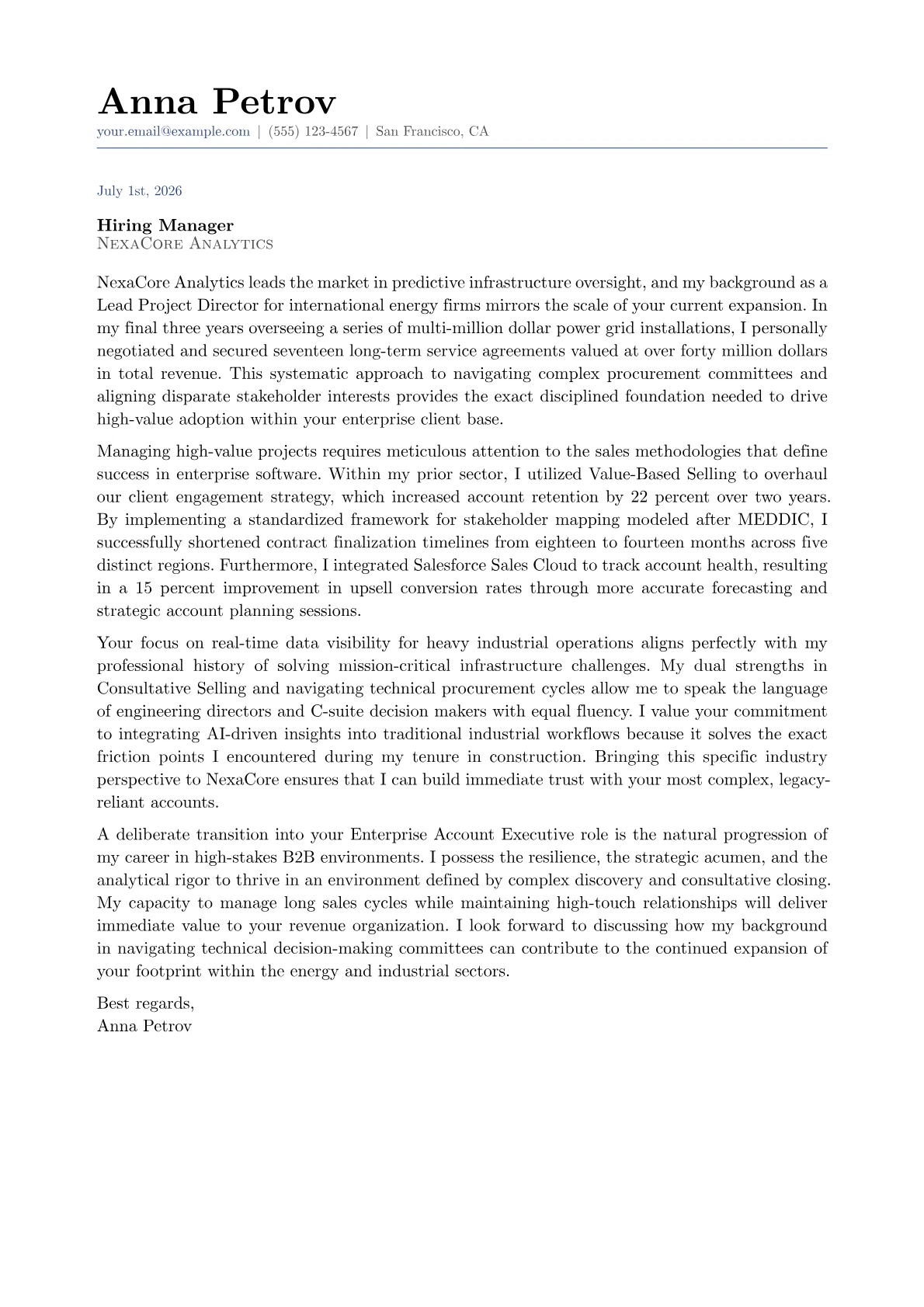 Enterprise Account Executive cover letter in the Classic design
