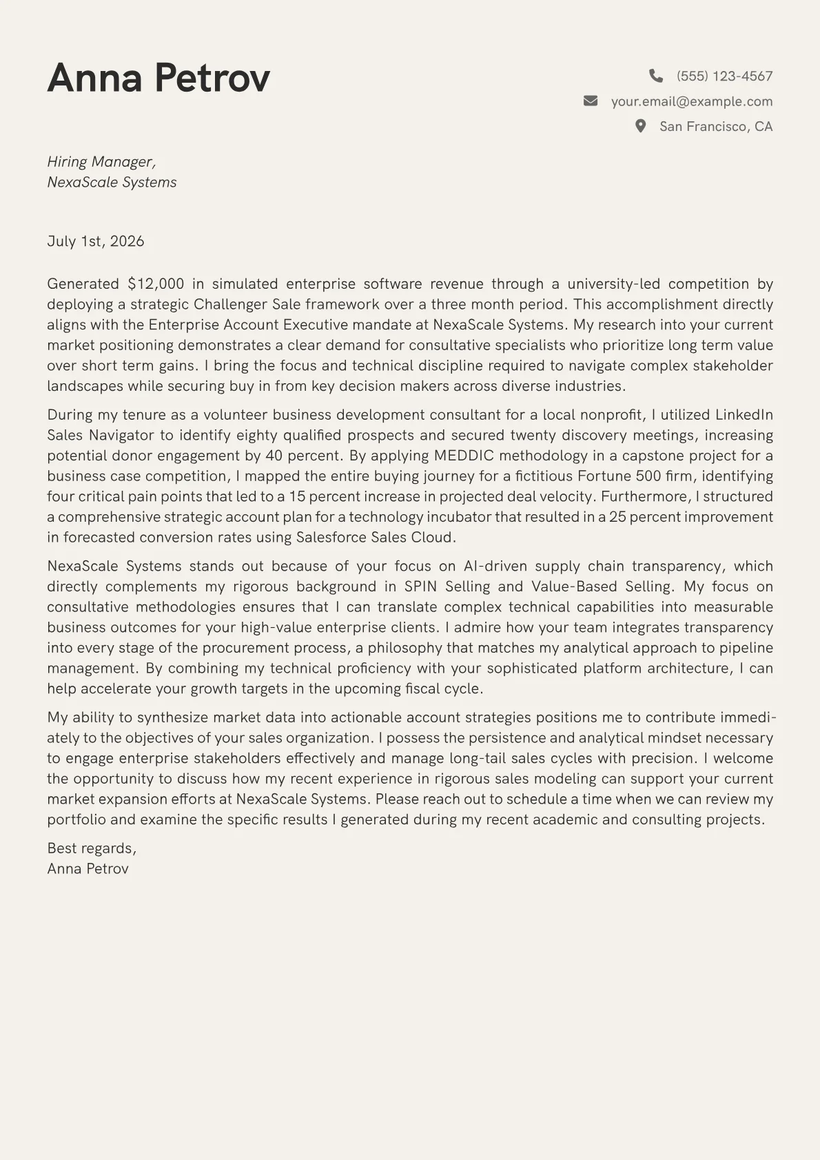 Enterprise Account Executive cover letter in the Creative design