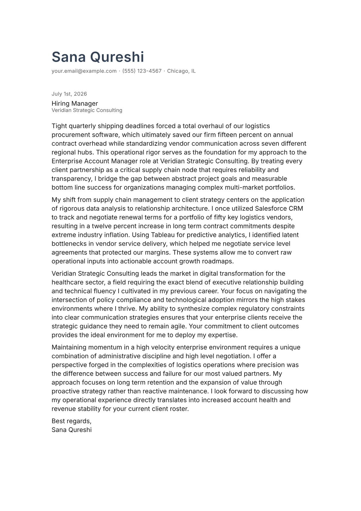 Enterprise Account Manager cover letter in the Minimal design