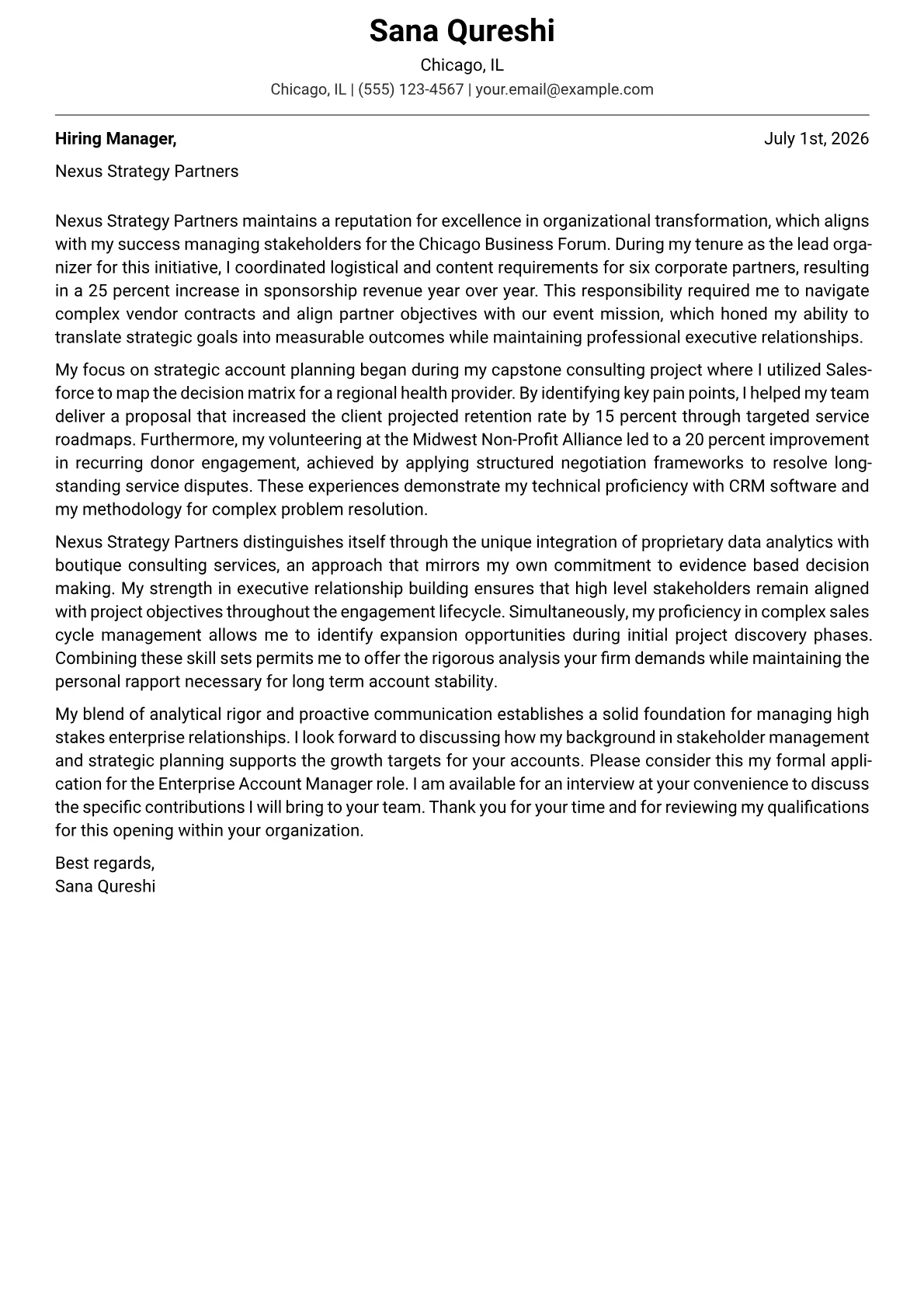 Enterprise Account Manager cover letter in the Modern design