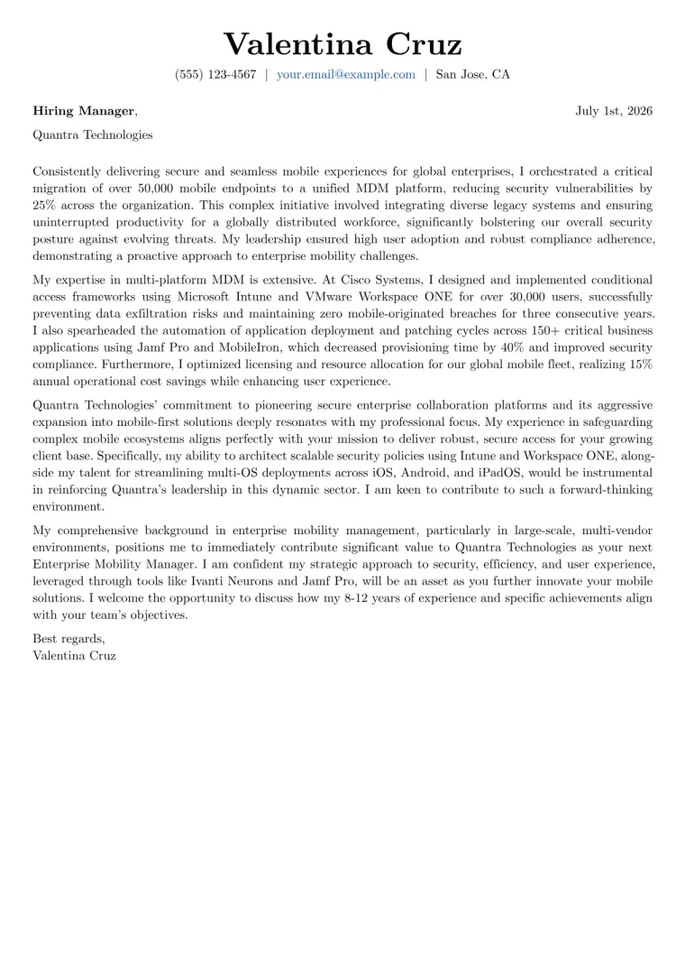 Enterprise Mobility Manager cover letter example