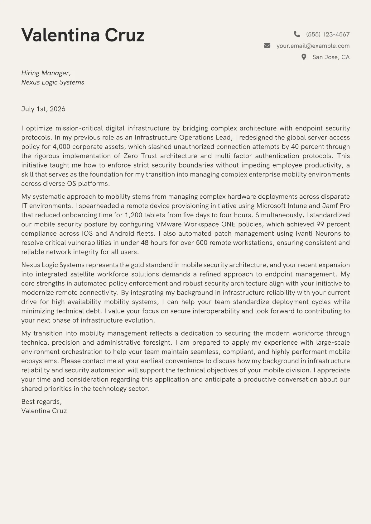 Enterprise Mobility Manager cover letter in the Creative design