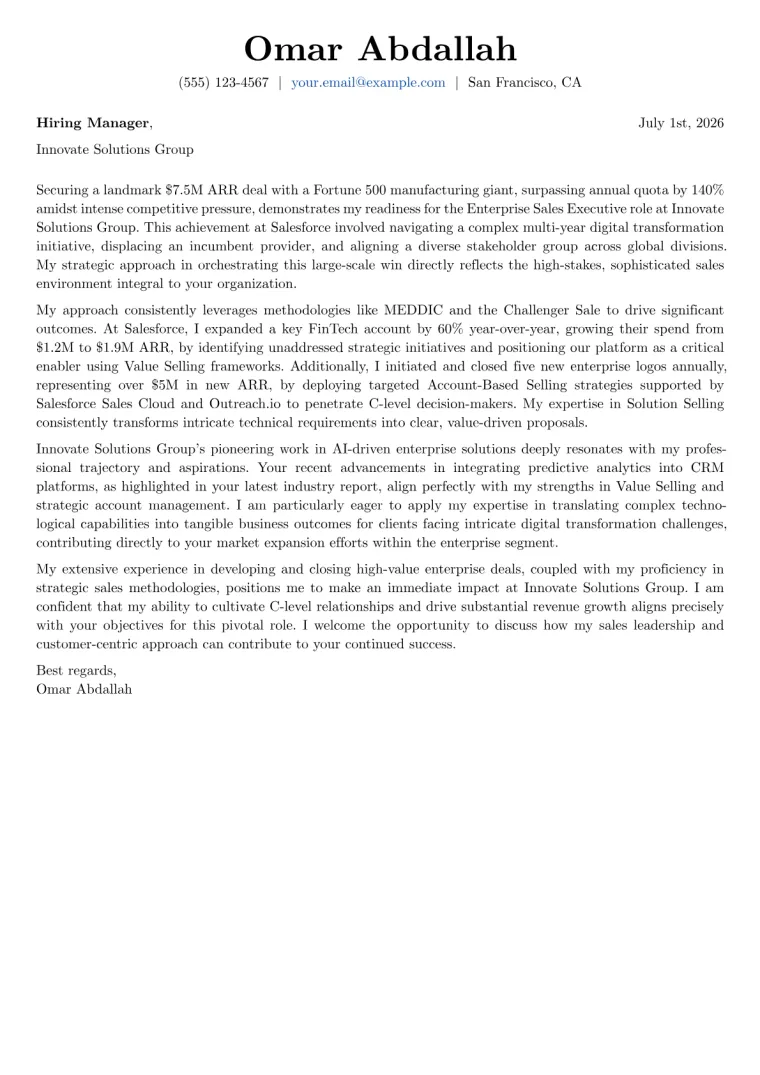 Enterprise Sales Executive cover letter example