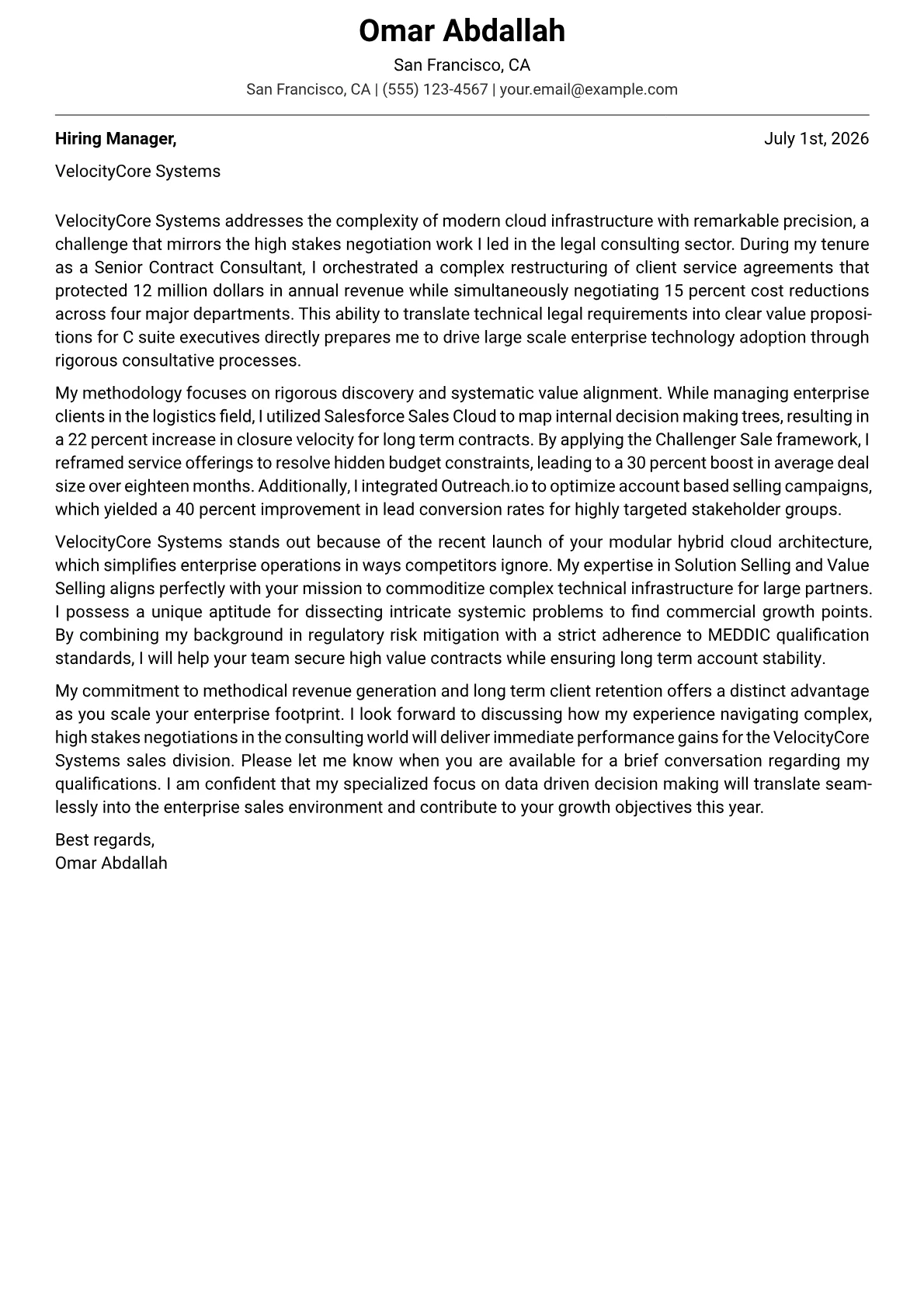 Enterprise Sales Executive cover letter in the Modern design