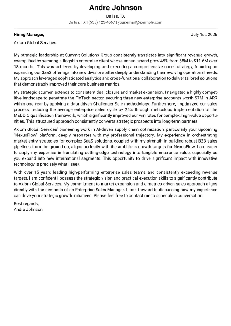 Enterprise Sales Manager cover letter example