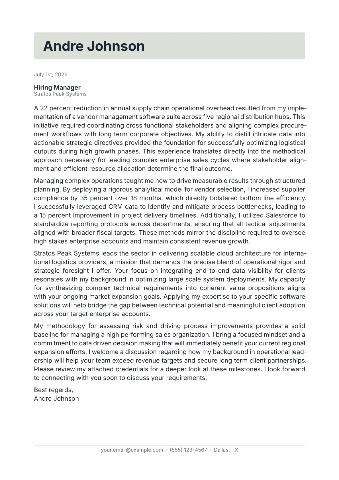 Enterprise Sales Manager cover letter in the Letterhead design