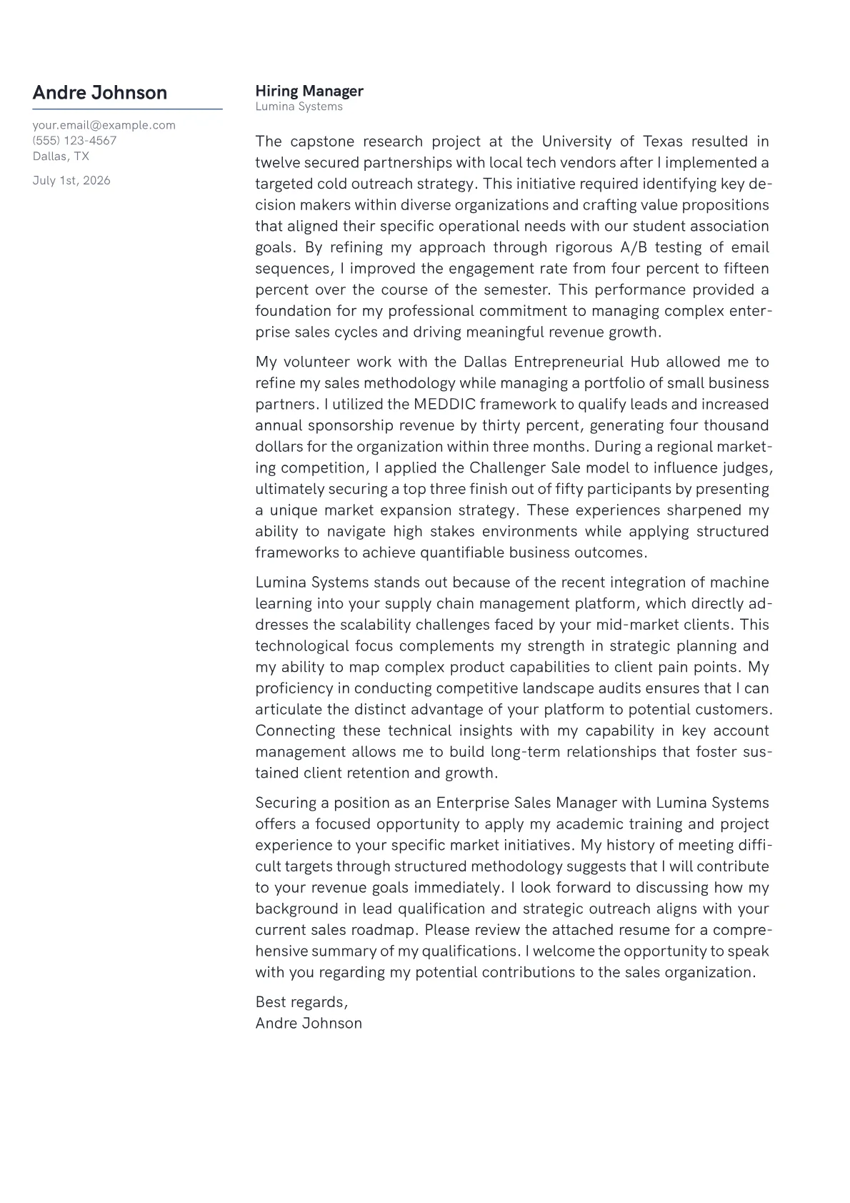 Enterprise Sales Manager cover letter in the Margin design