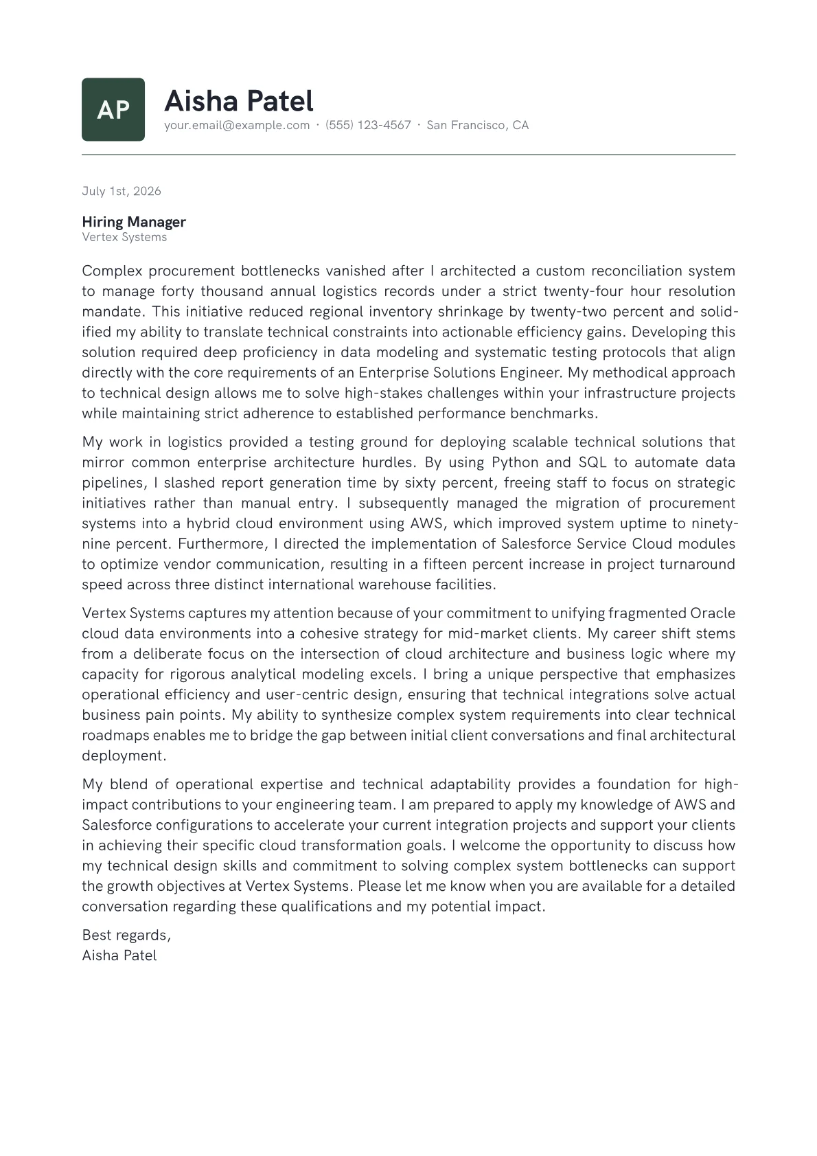Enterprise Solutions Engineer cover letter in the Emblem design