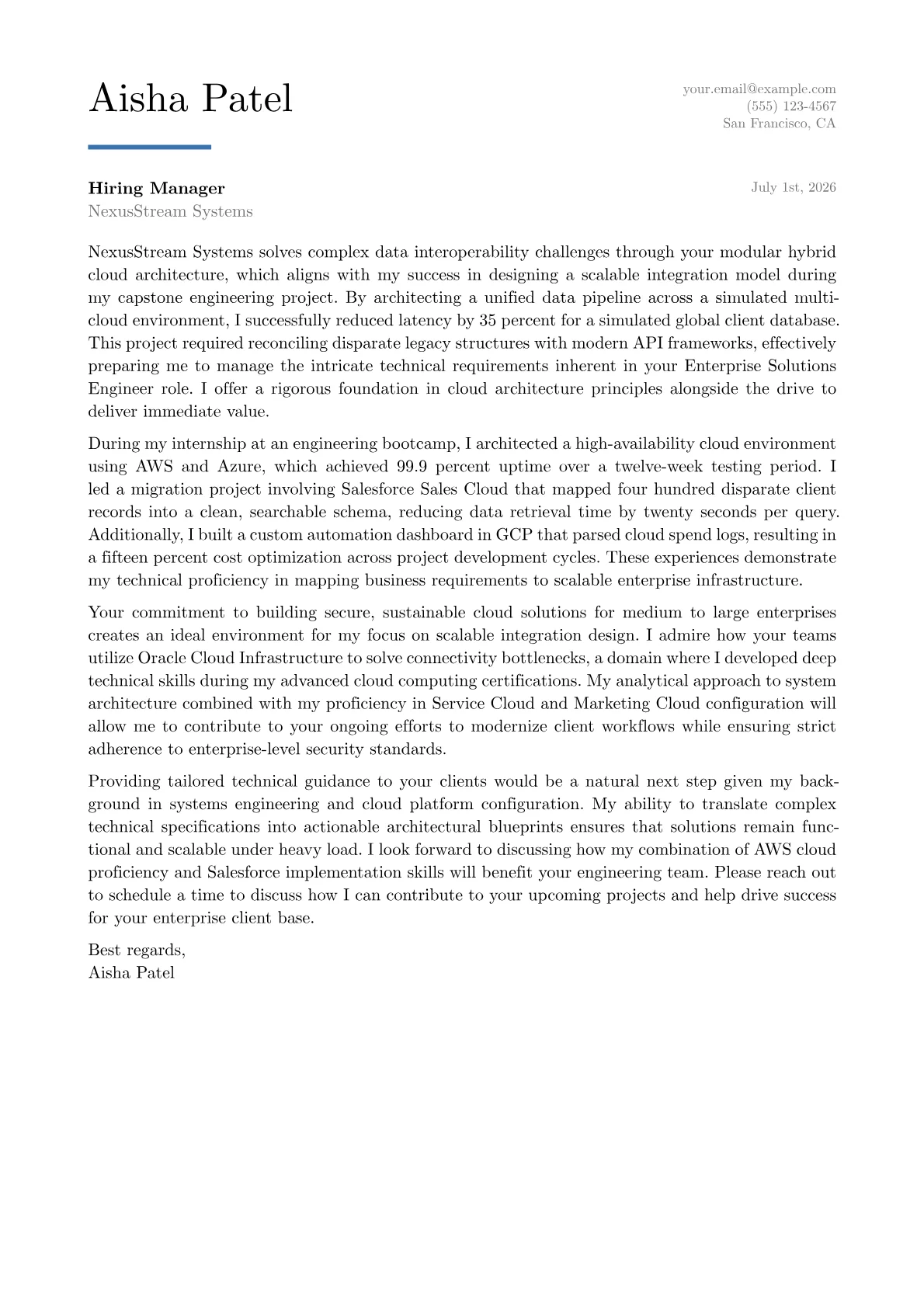 Enterprise Solutions Engineer cover letter in the Executive design