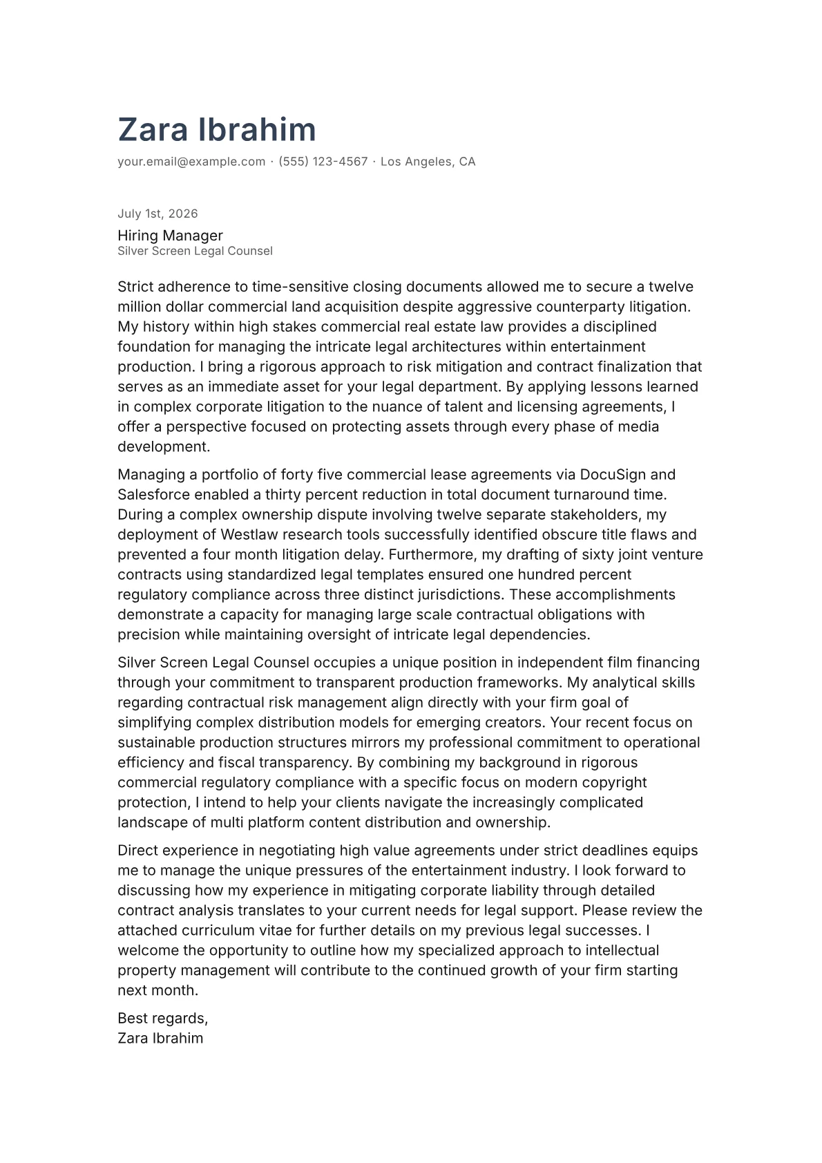 Entertainment Attorney cover letter in the Minimal design