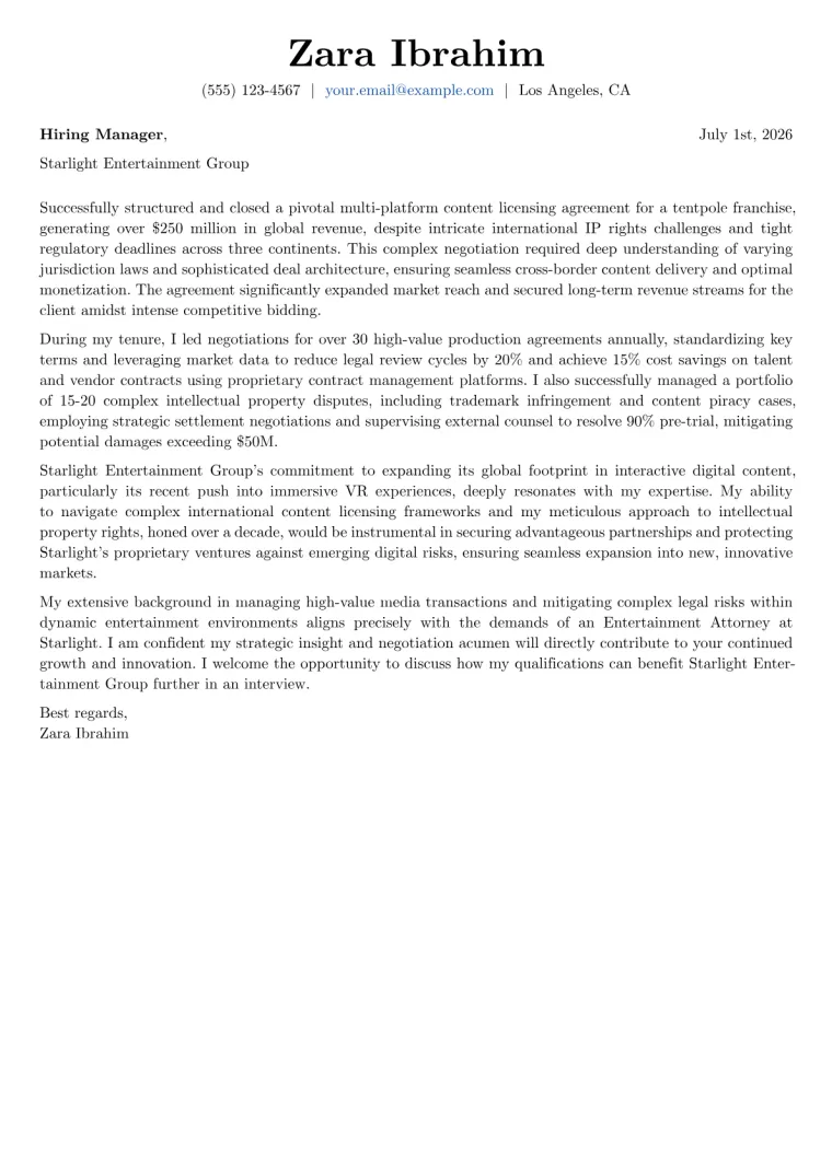 Entertainment Attorney cover letter example