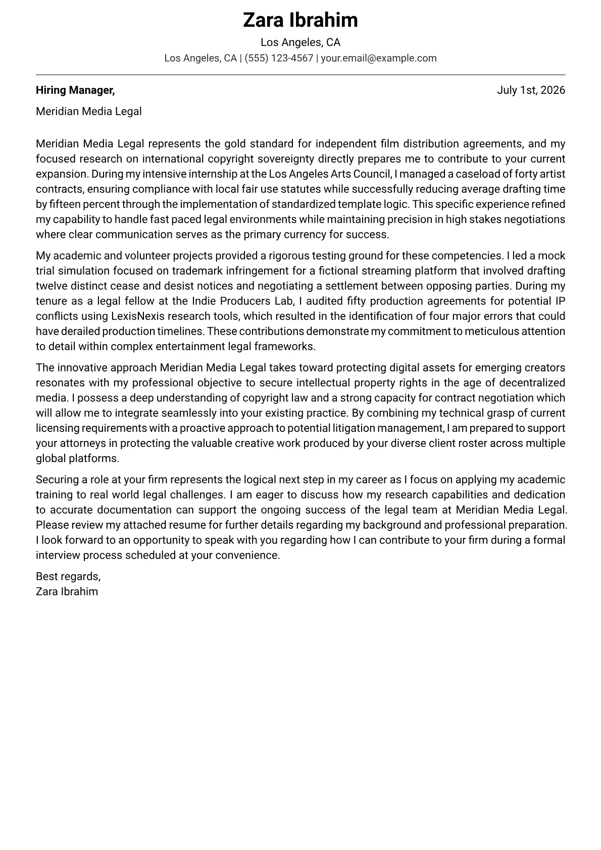 Entertainment Attorney cover letter in the Modern design