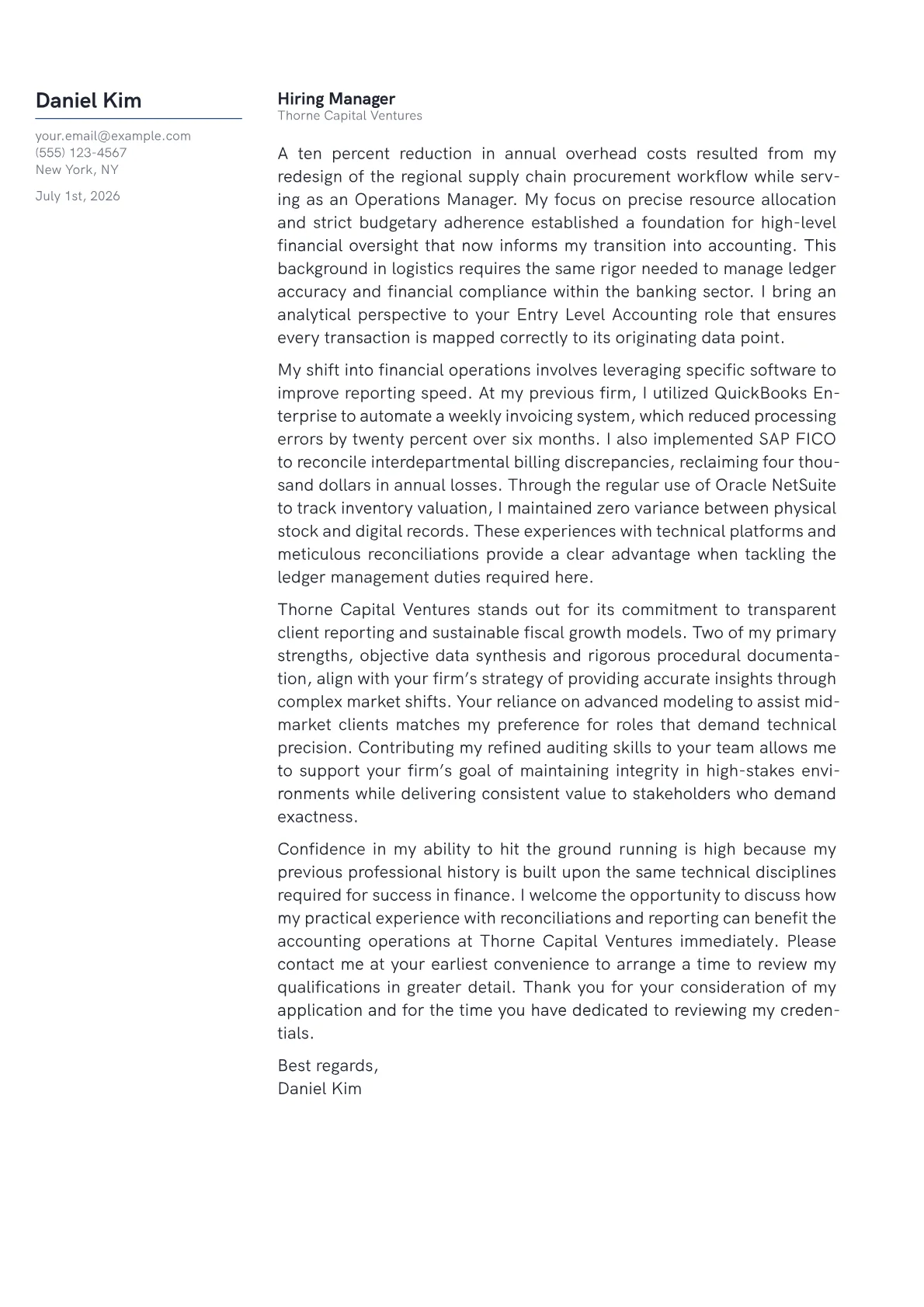 Entry Level Accounting cover letter in the Margin design