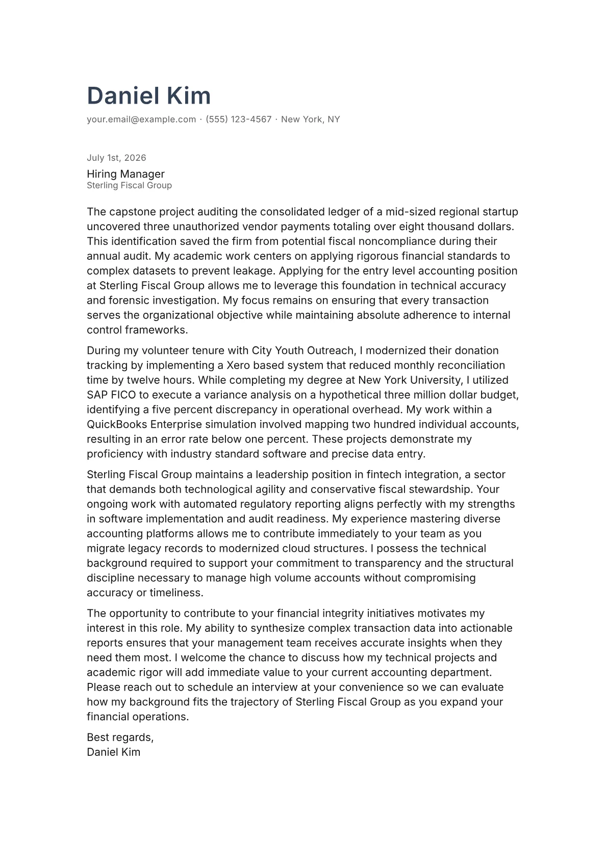 Entry Level Accounting cover letter in the Minimal design
