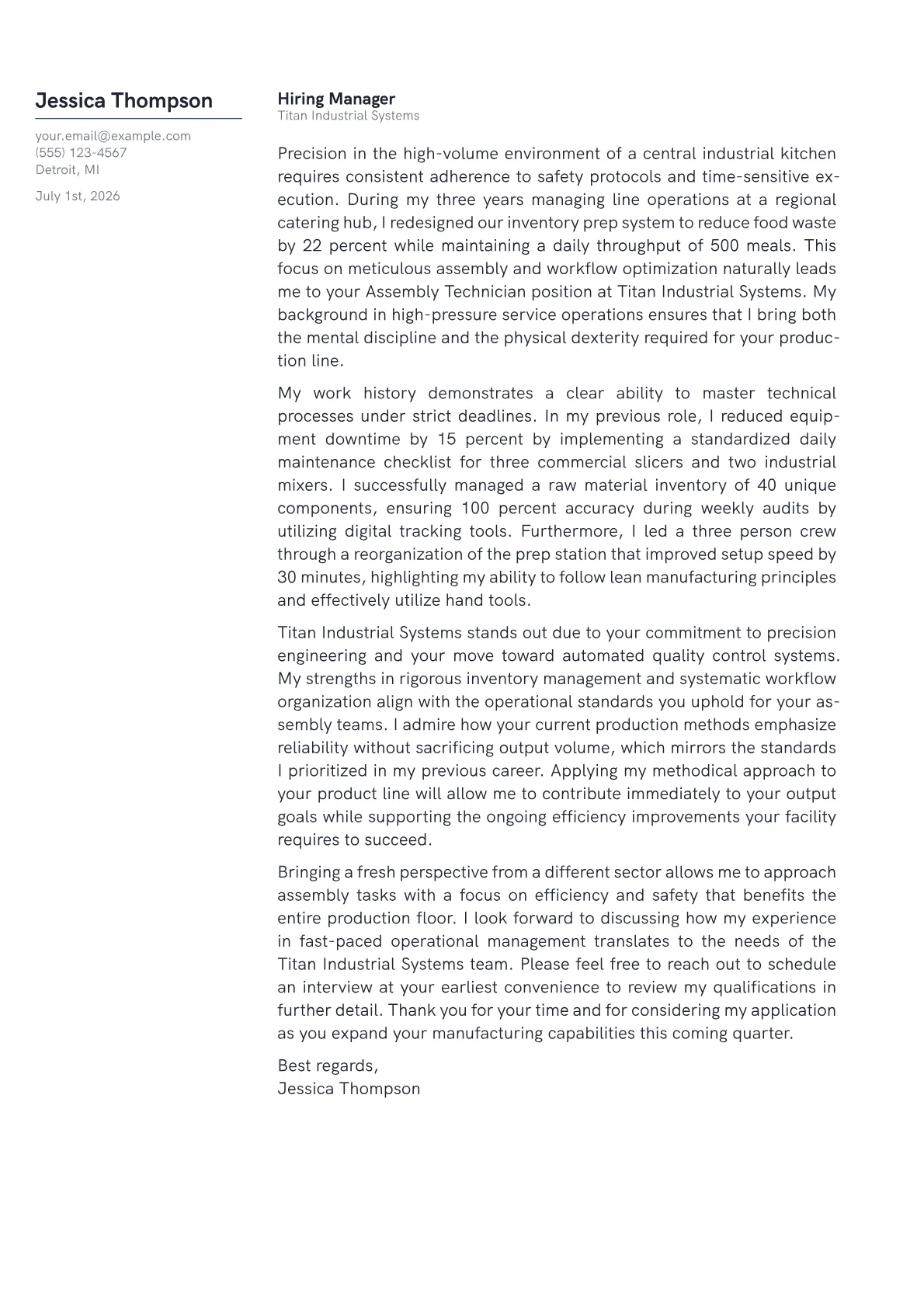 Entry Level Assembler Cover Letter Example + Template (2026)