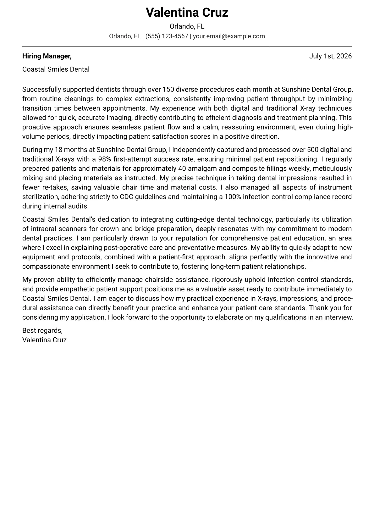 Entry Level Dental Assistant cover letter formatted with a JobSprout template