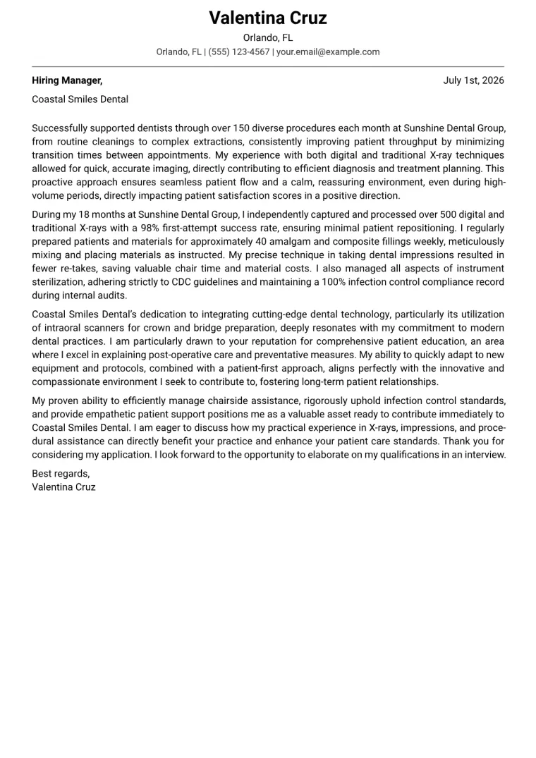 Entry Level Dental Assistant cover letter example preview