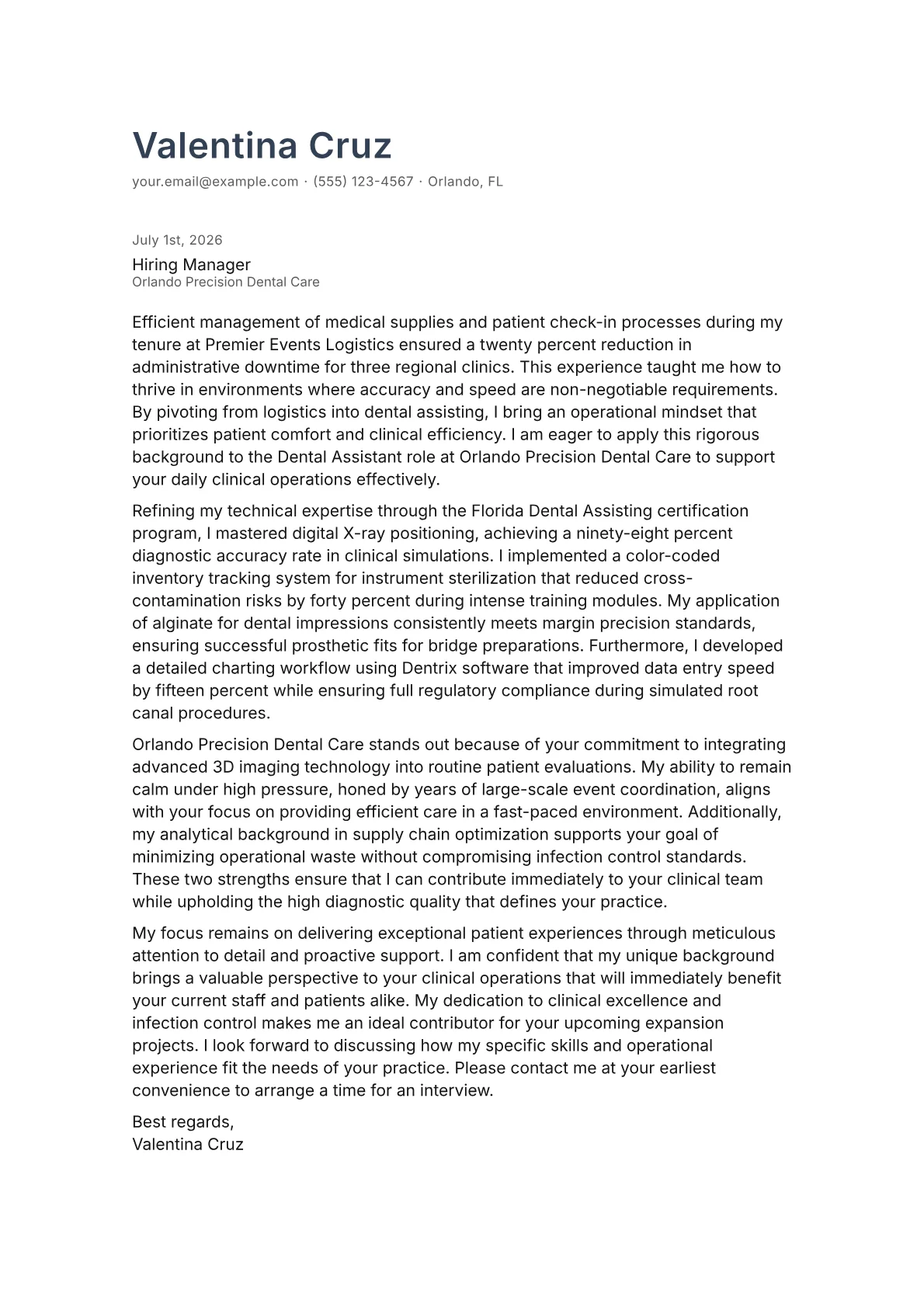 Entry Level Dental Assistant cover letter in the Minimal design