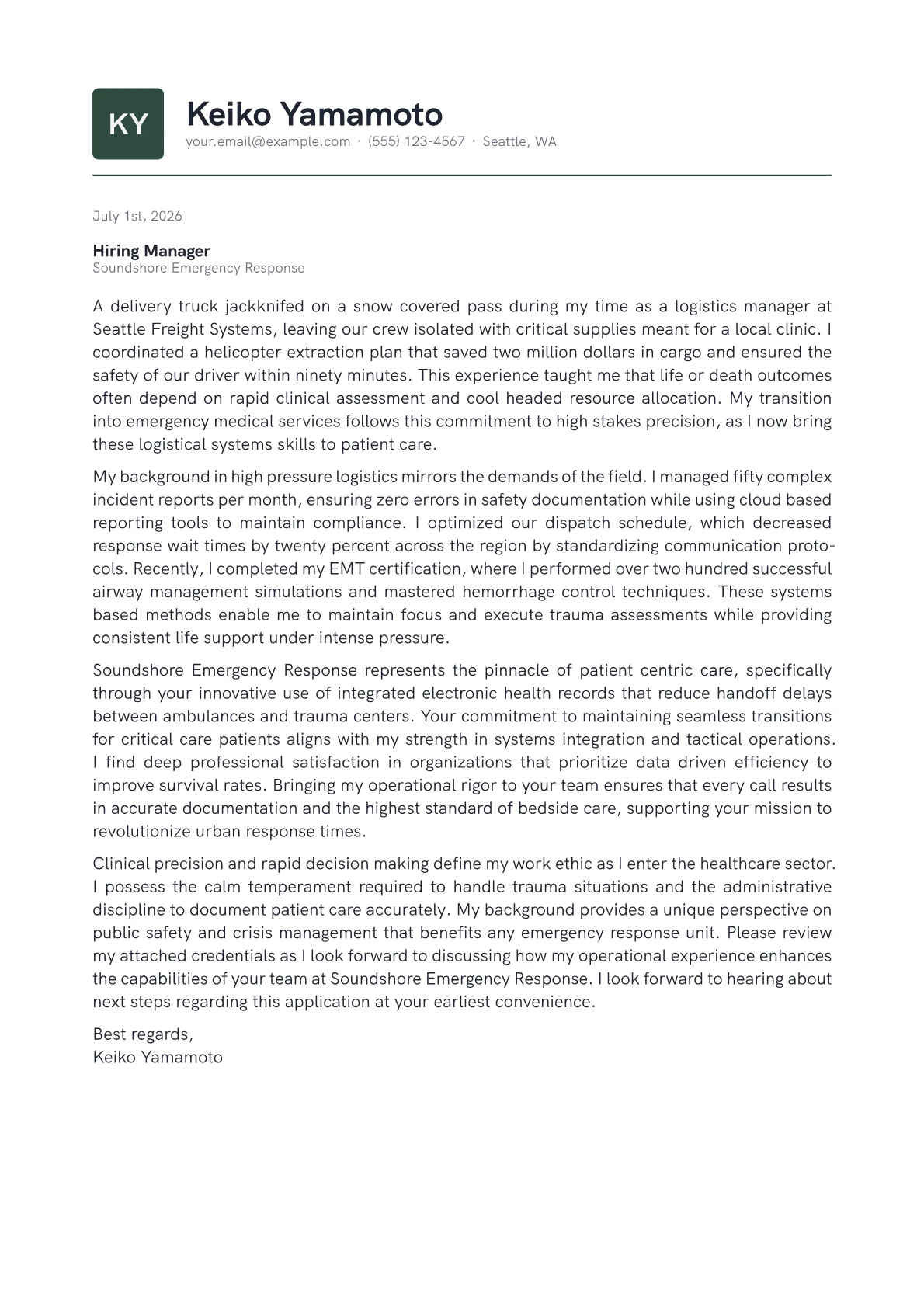 Entry-Level EMT Cover Letter Example + Template (2026)