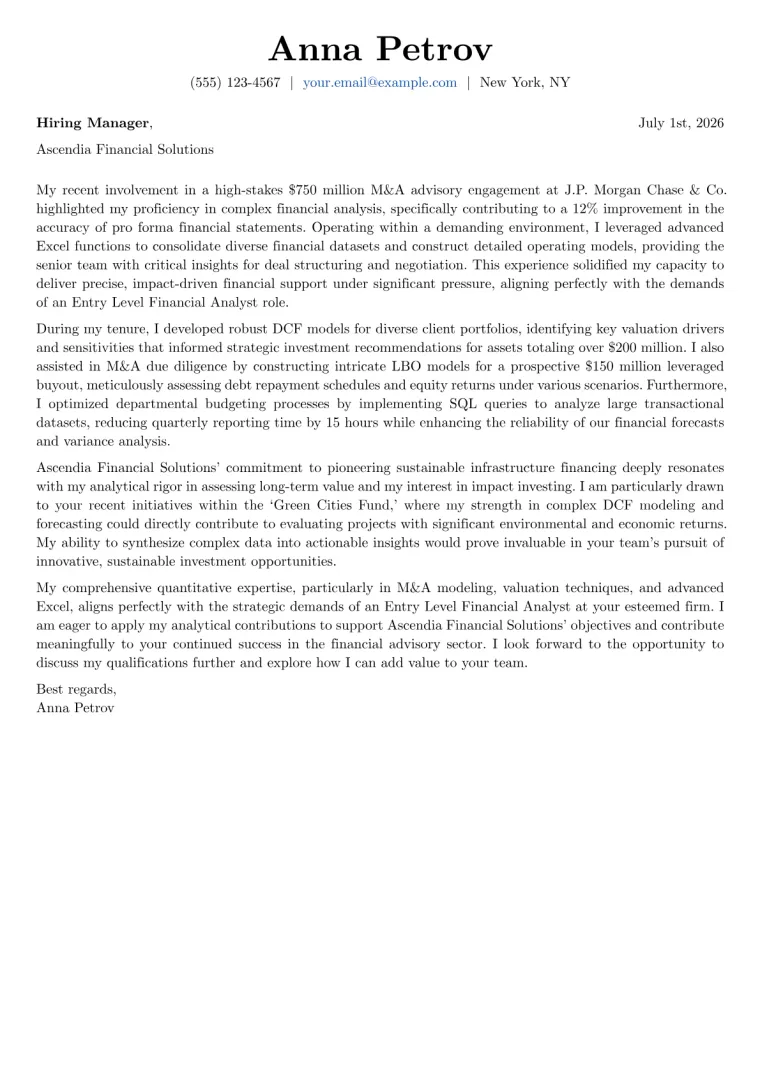 Entry Level Financial Analyst Cover Letter Example