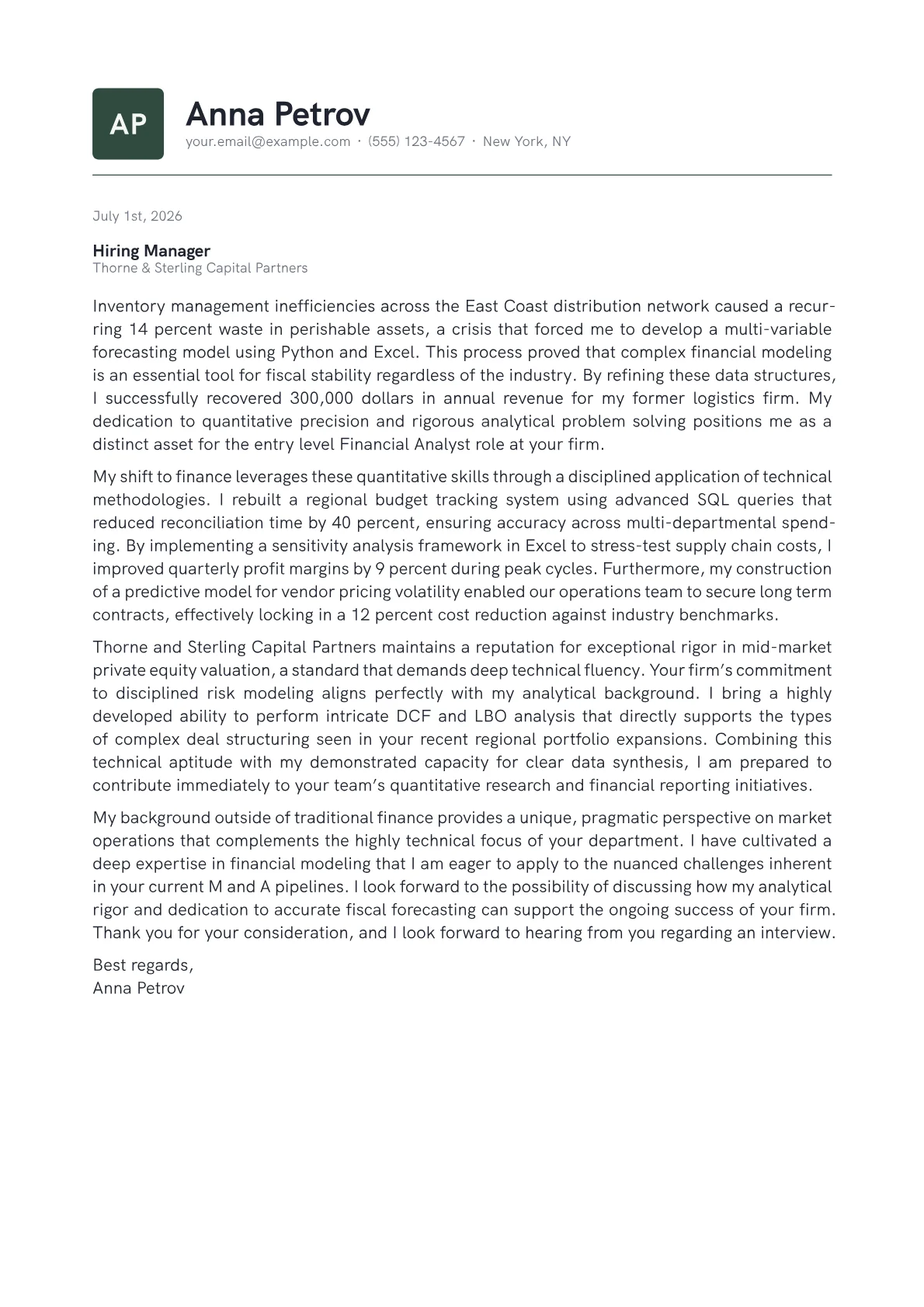 Entry Level Financial Analyst cover letter in the Emblem design