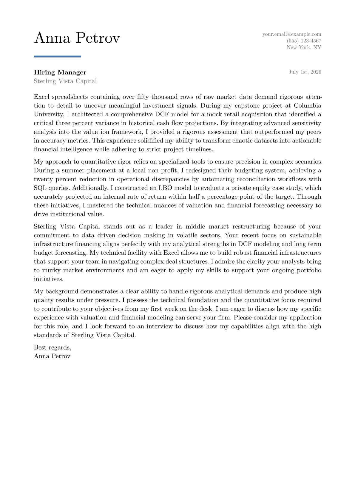 Entry Level Financial Analyst cover letter in the Executive design