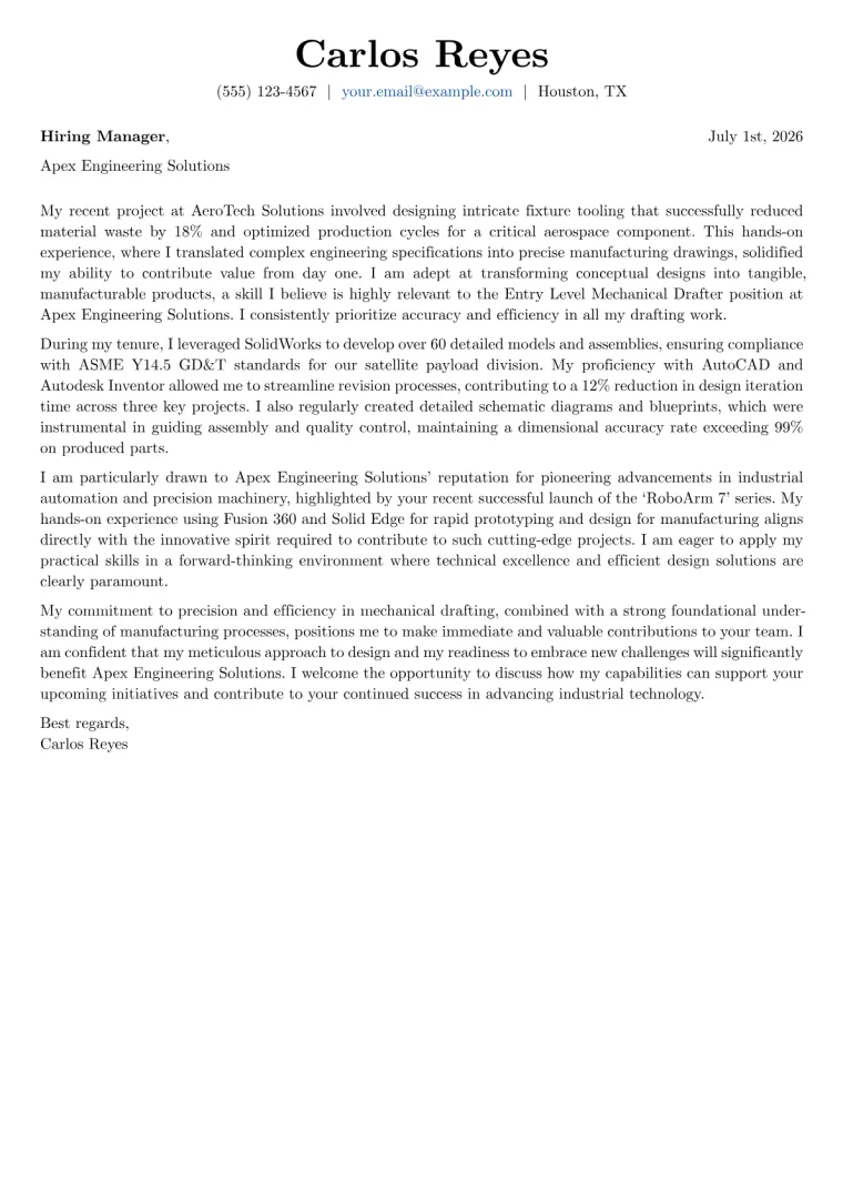 Entry Level Mechanical Drafter cover letter example preview
