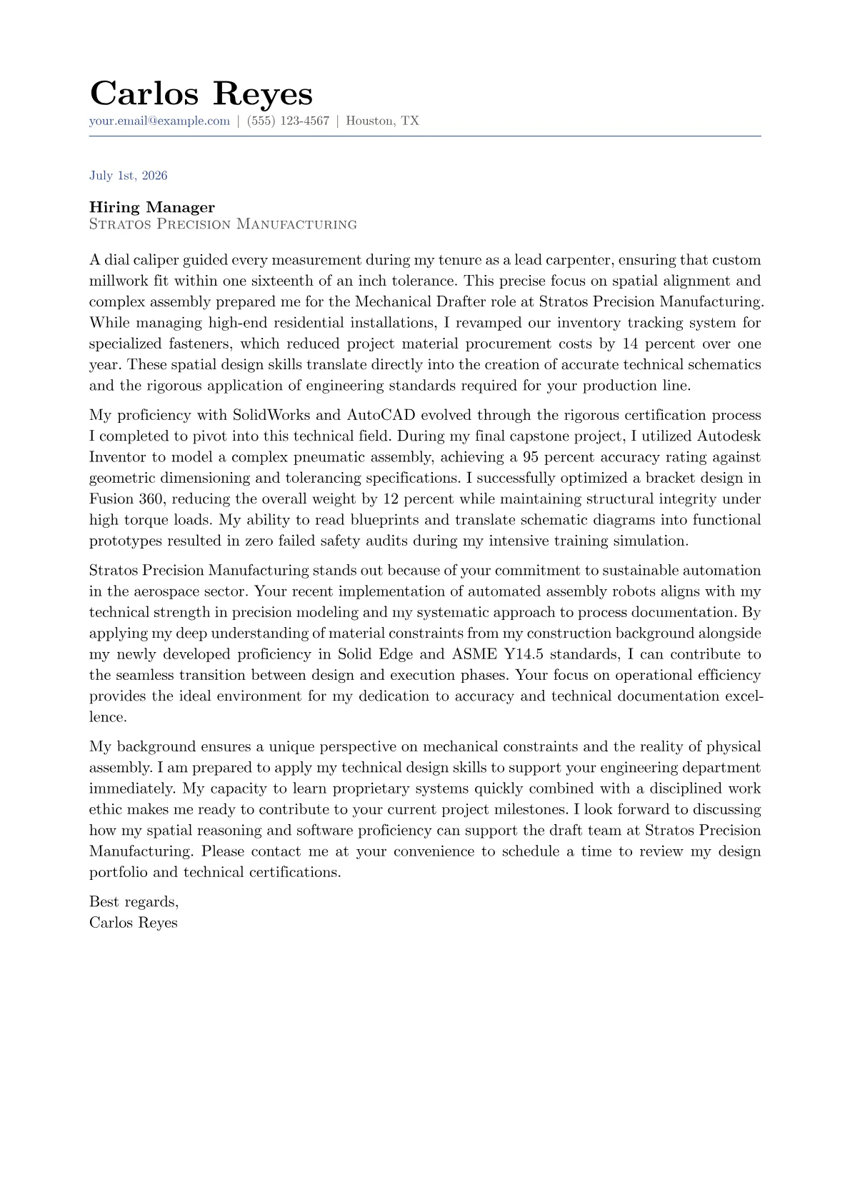 Entry Level Mechanical Drafter cover letter in the Classic design