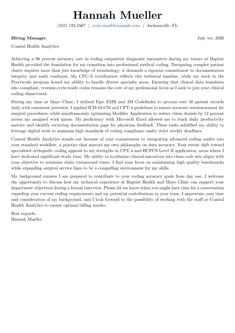 Entry-Level Medical Coder cover letter example