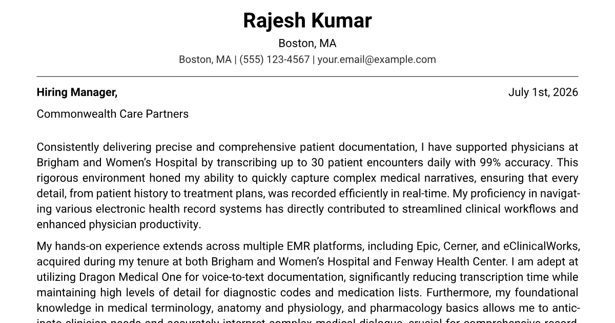 Hospital Medical Record Example Entry Level Scribe Cover Letter Example + Template (2026)