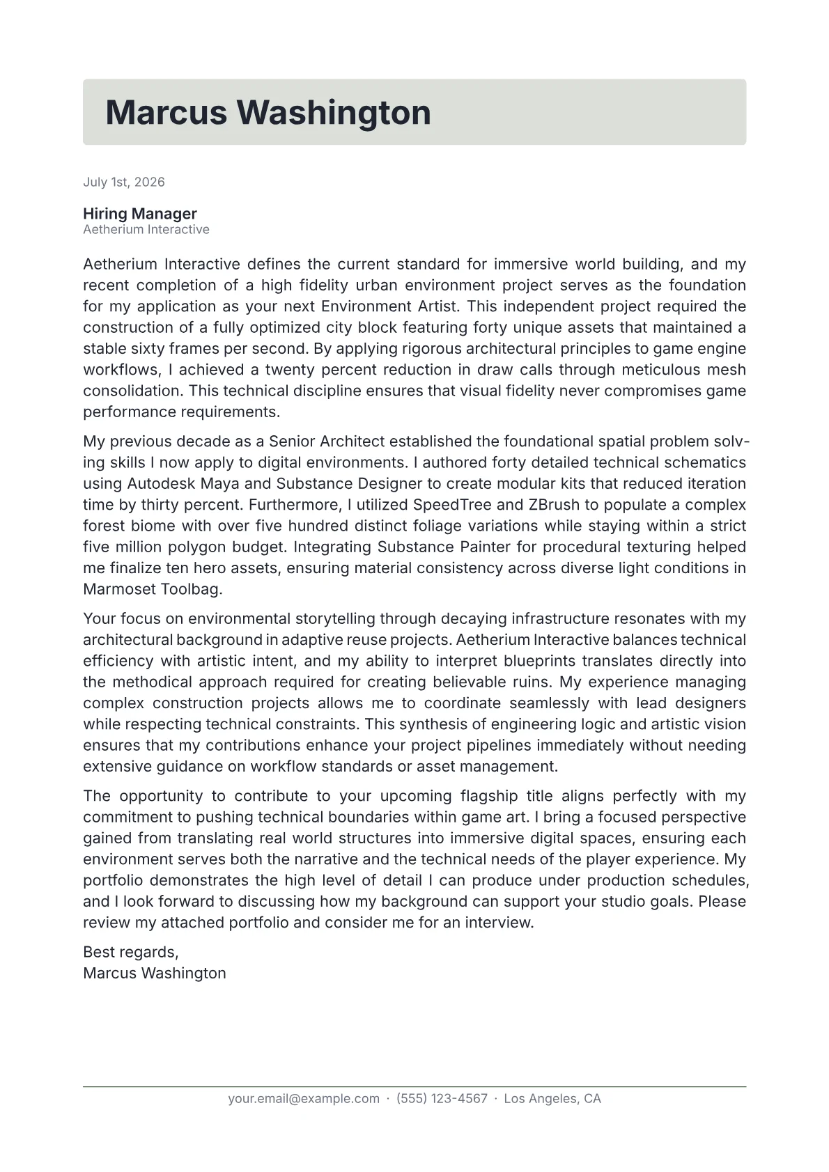 Environment Artist cover letter in the Letterhead design