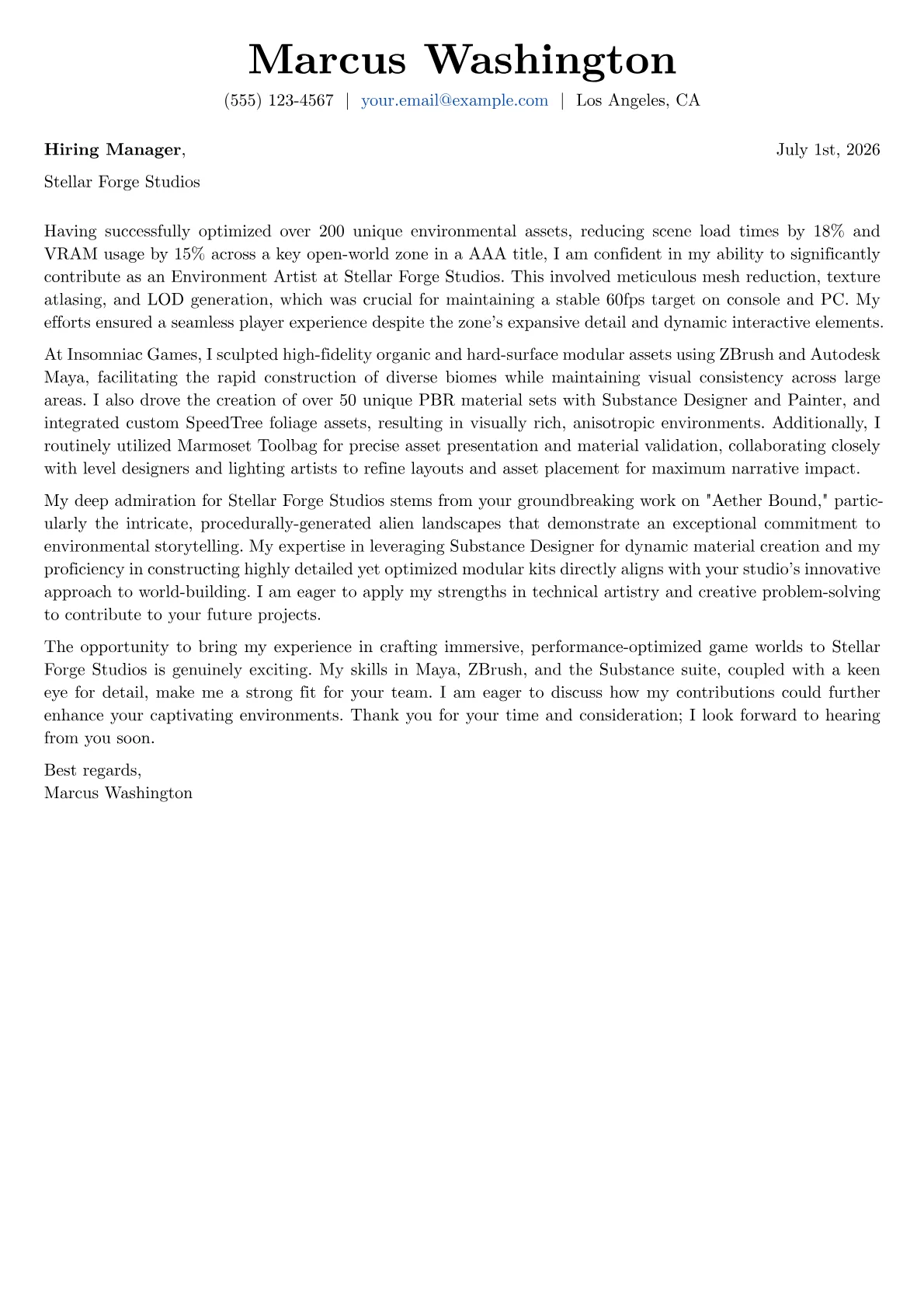 Environment Artist cover letter formatted with a JobSprout template