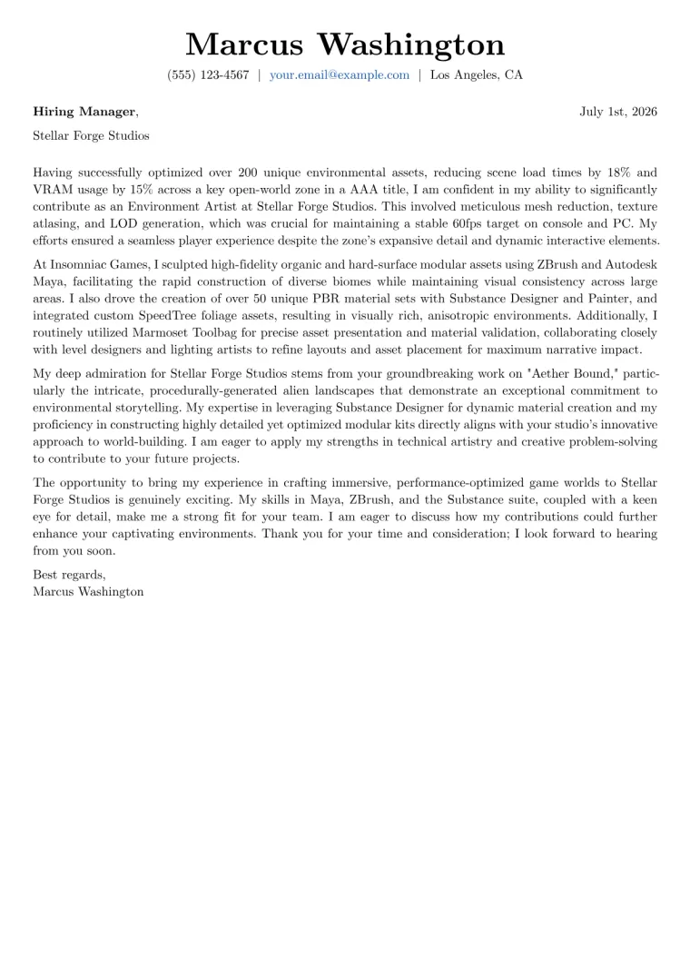 Environment Artist cover letter example preview