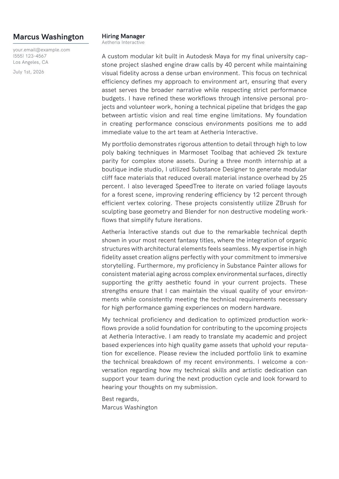 Environment Artist cover letter in the Margin design