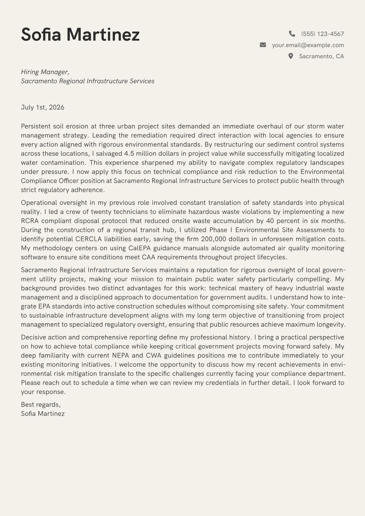 Environmental Compliance Officer cover letter in the Creative design
