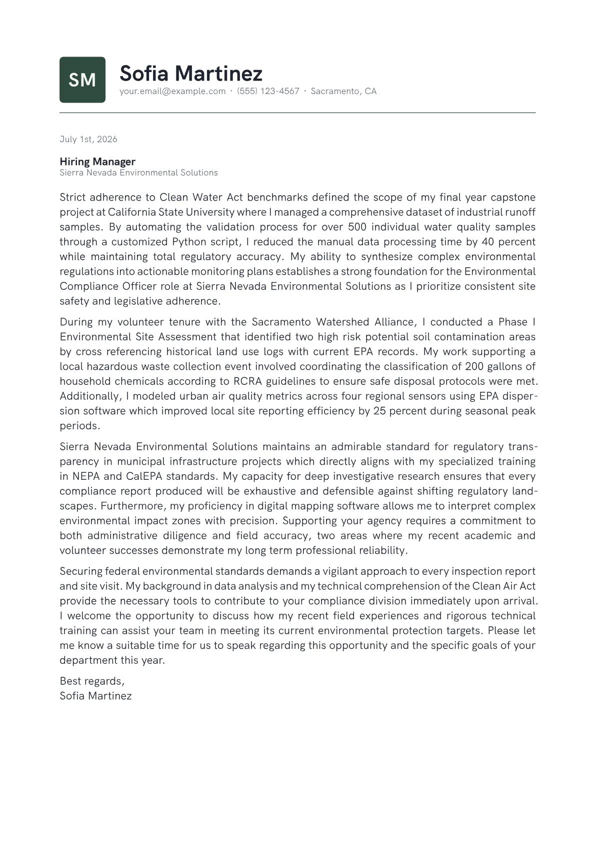 Environmental Compliance Officer cover letter in the Emblem design