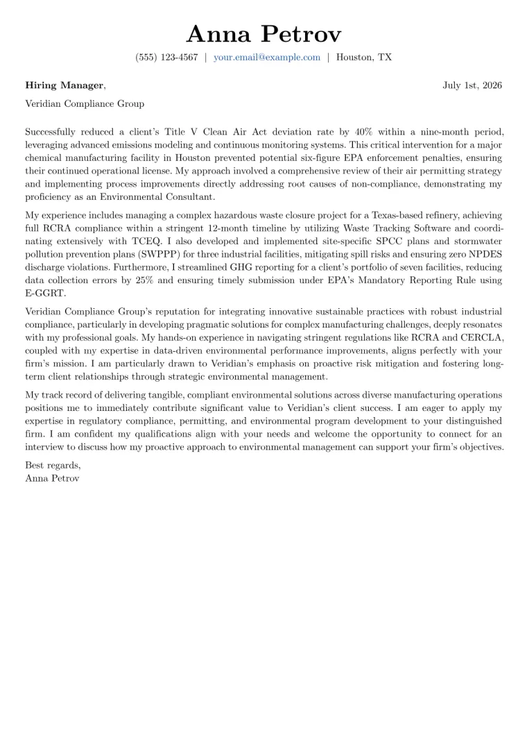 Environmental Consultant Cover Letter Example
