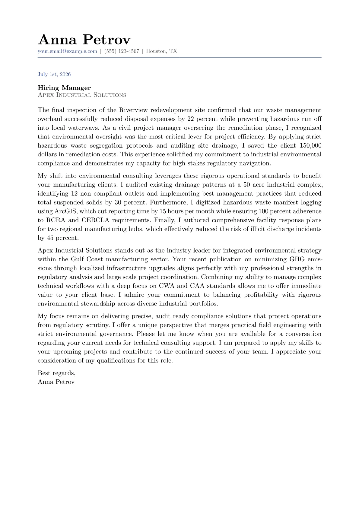 Environmental Consultant cover letter in the Classic design