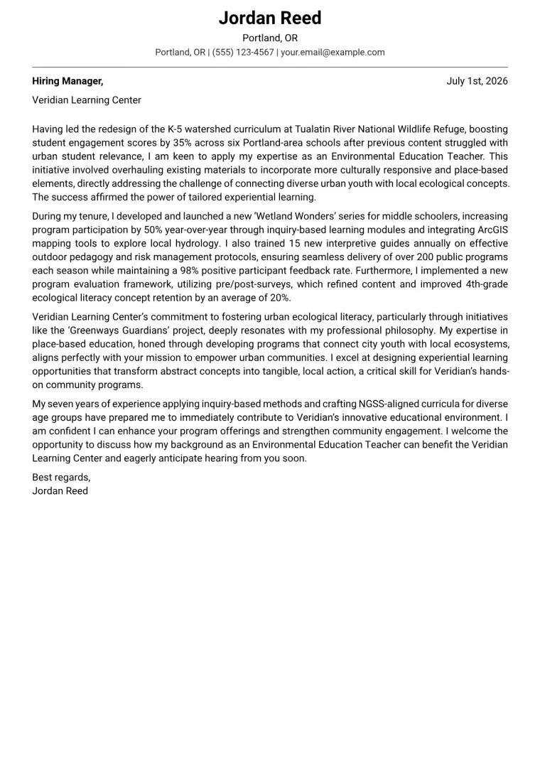 Environmental Education Teacher cover letter example