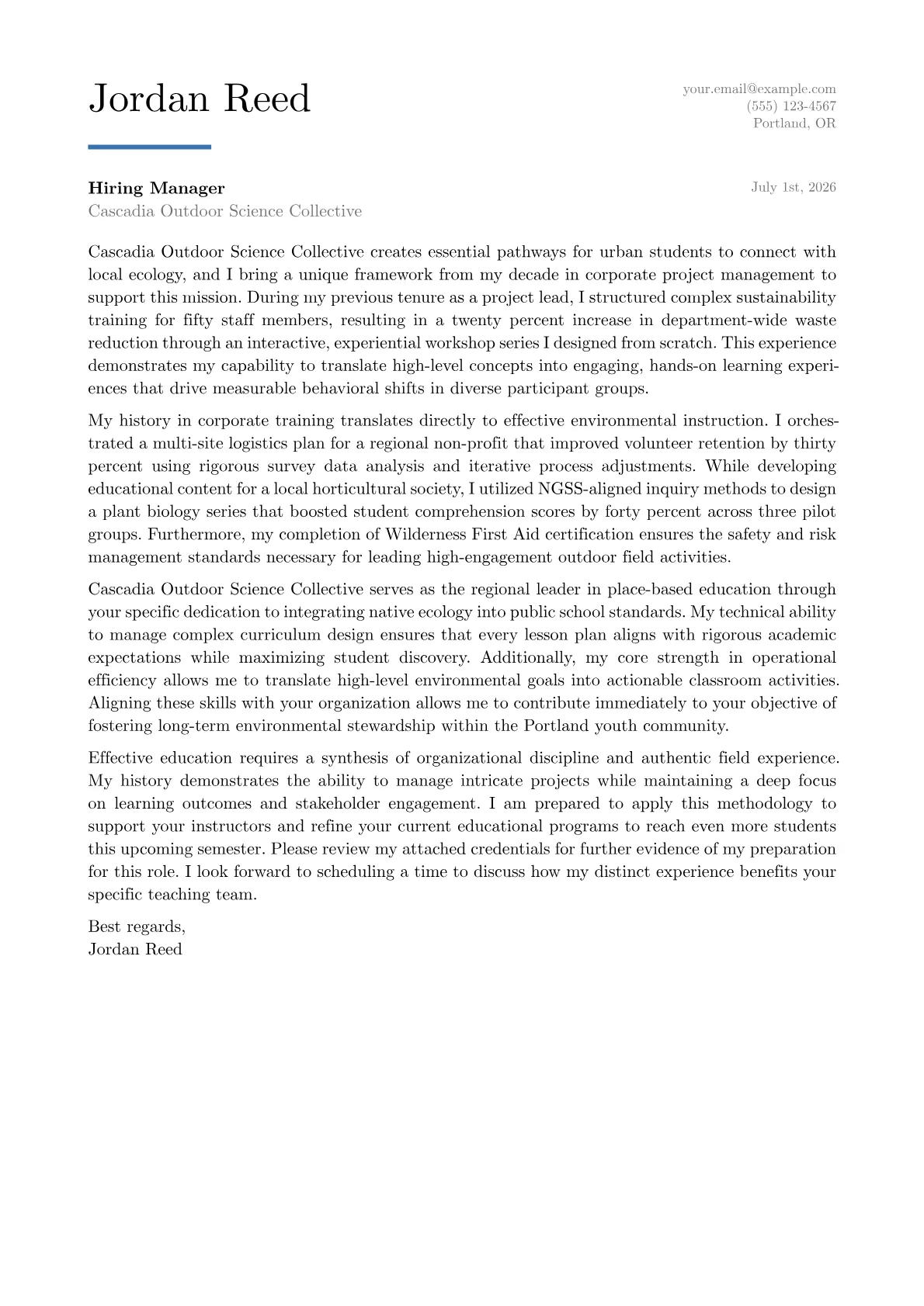 Environmental Education Teacher cover letter in the Executive design